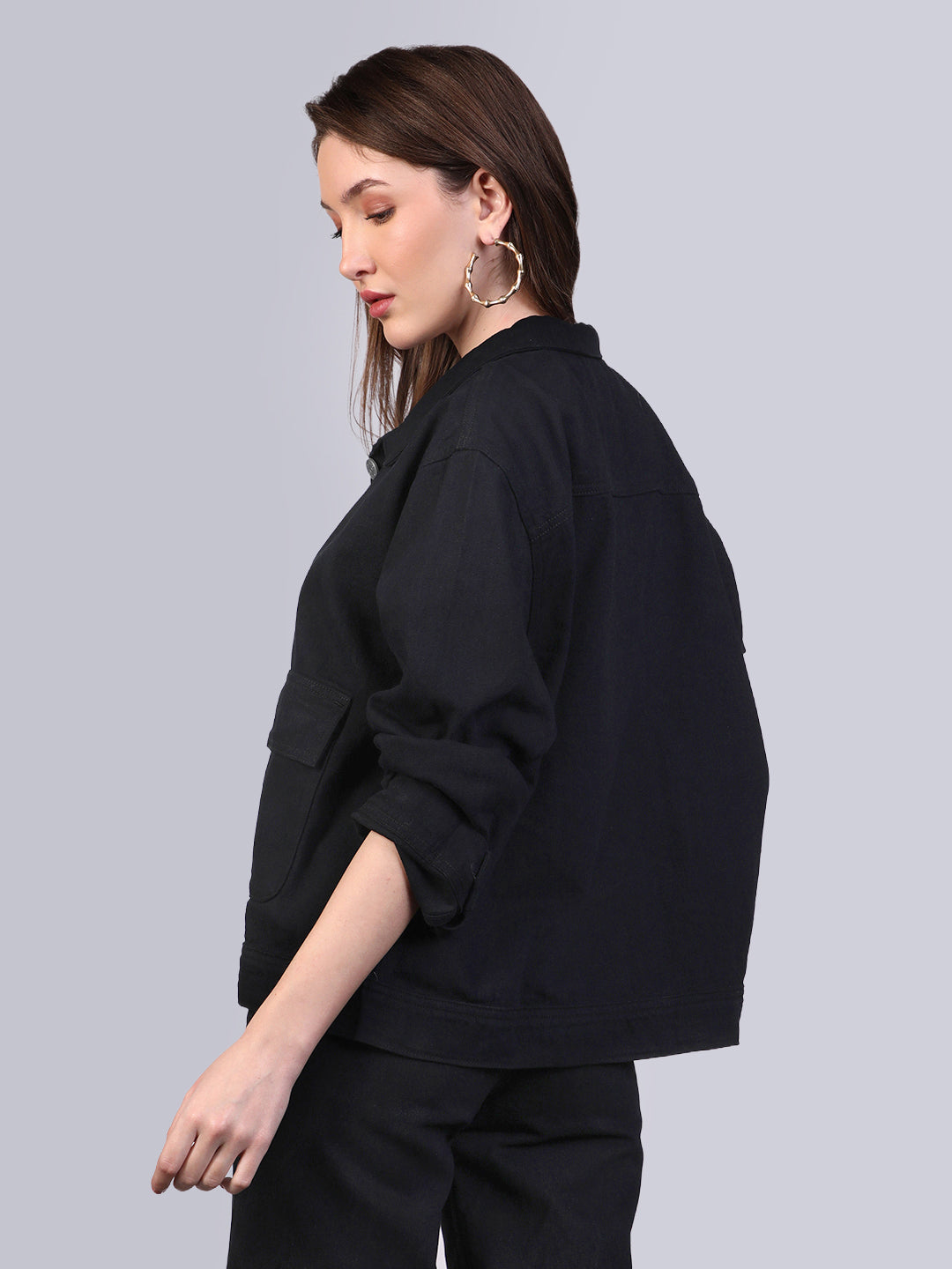Women's Black Relaxed Fit Full Sleeve Utility Denim Jacket
