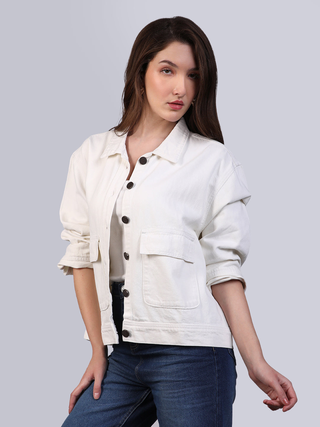Women's White Relaxed Fit Full Sleeve Utility Denim Jacket