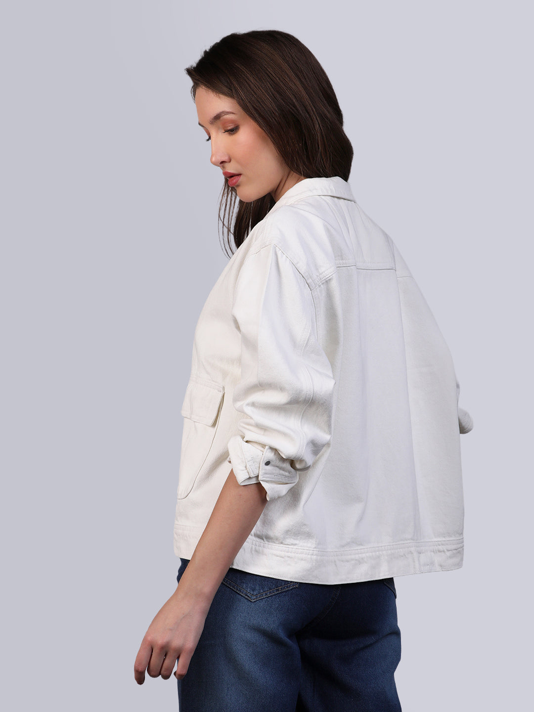Women's White Relaxed Fit Full Sleeve Utility Denim Jacket