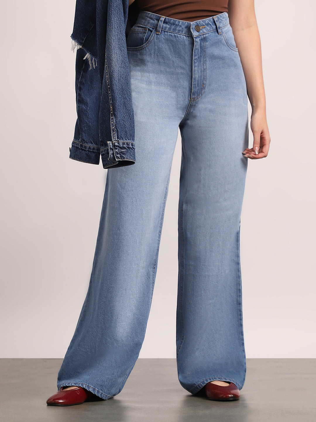 Women's Light Blue High Rise Loose Baggy Fit Washed Jeans Non-Stretchable