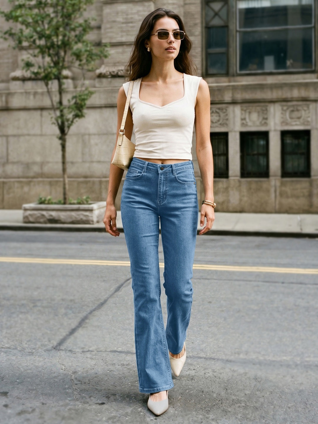 Women's Light Blue Mid Rise Bootcut Washed Jeans Stretchable