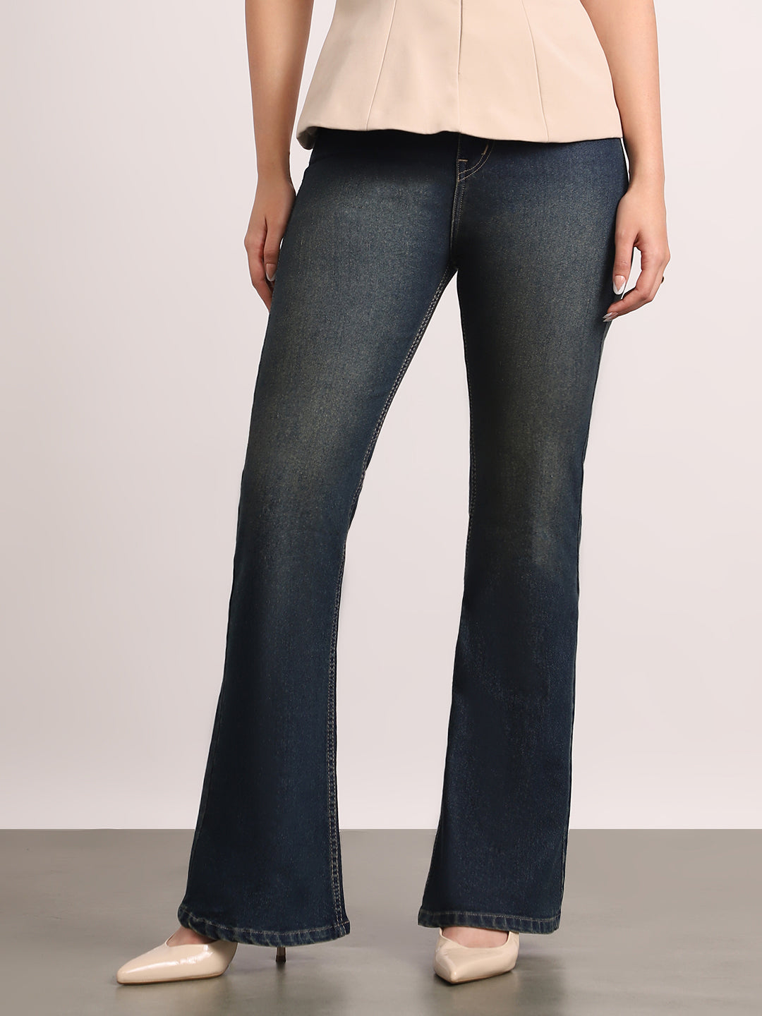 Women's Dark Blue Mid Rise Bootcut Fit Washed Jeans Stretchable