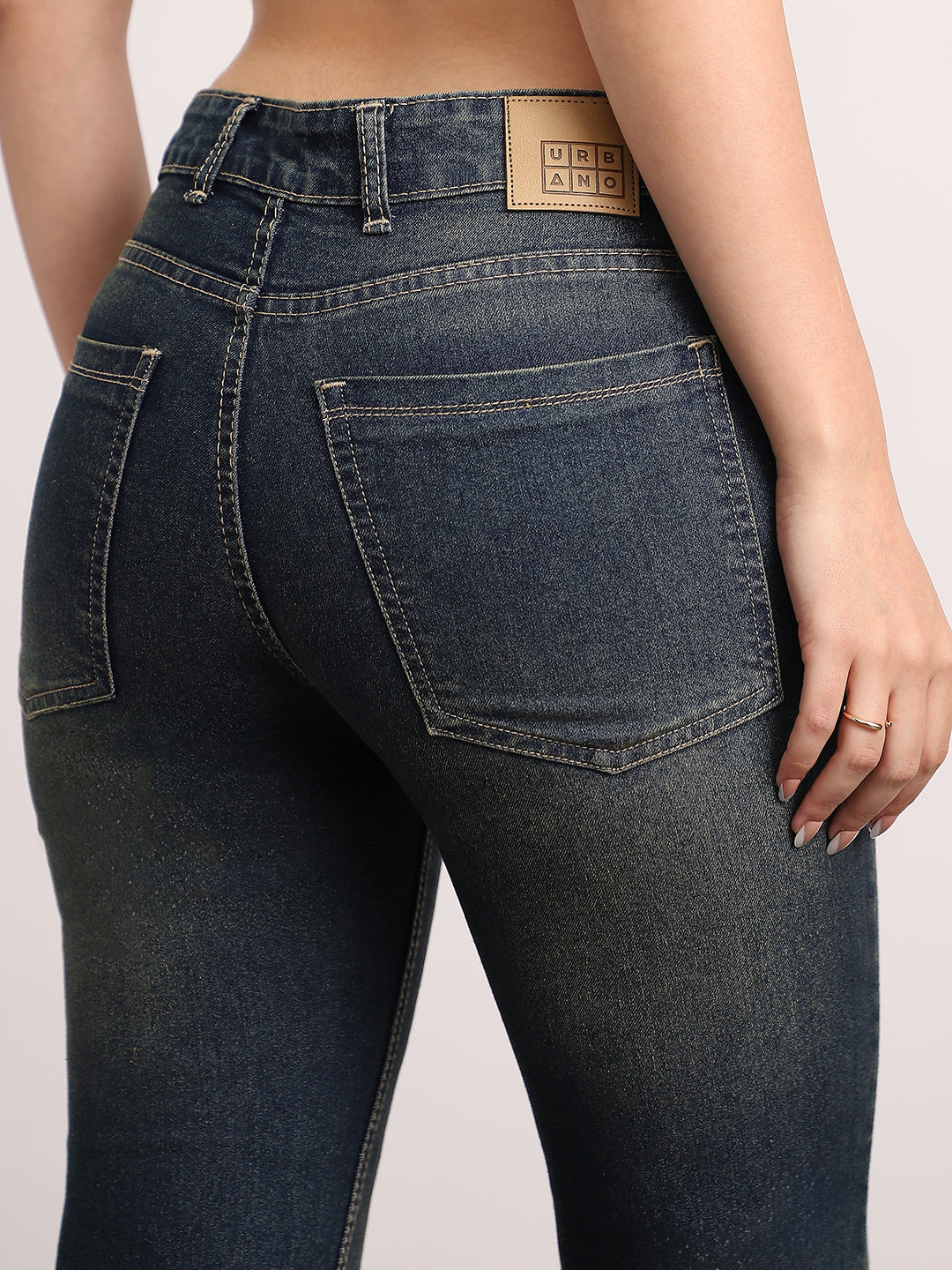Women's Dark Blue Mid Rise Bootcut Fit Washed Jeans Stretchable