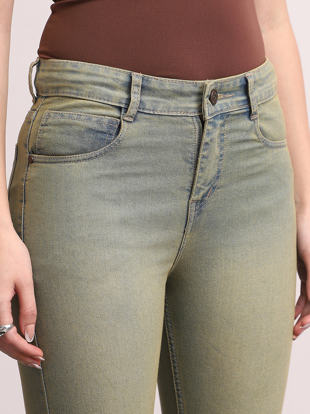 Women's Ice Blue Mid Rise Bootcut Fit Washed Jeans Stretchable