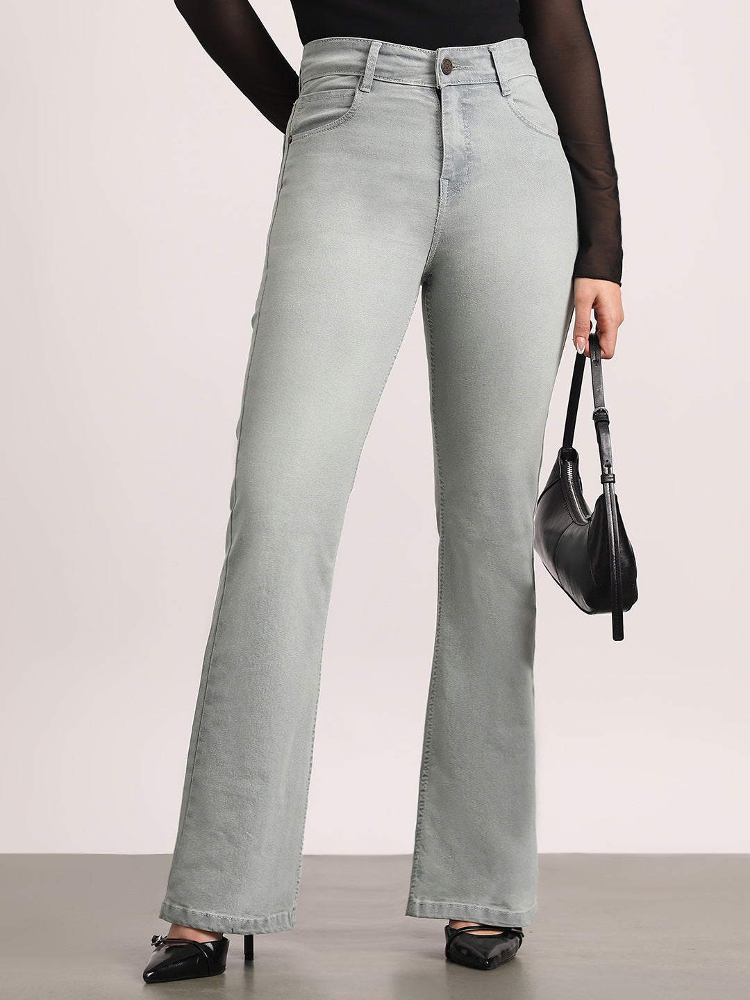 Women's Ice Grey Mid Rise Bootcut Fit Washed Jeans Stretchable