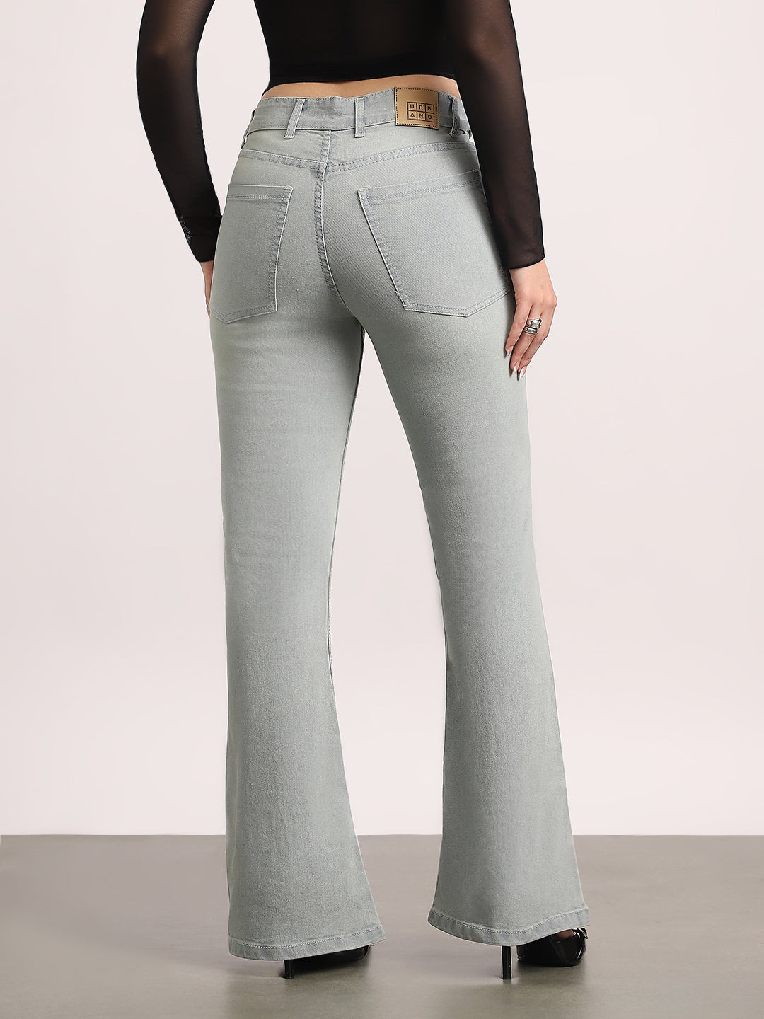 Women's Ice Grey Mid Rise Bootcut Fit Washed Jeans Stretchable