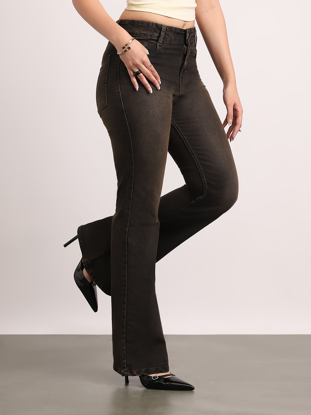 Women's Grey Mid Rise Bootcut Fit Washed Jeans Stretchable