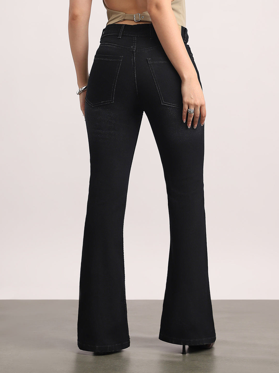 Women's Black Mid Rise Bootcut Fit Washed Jeans Stretchable