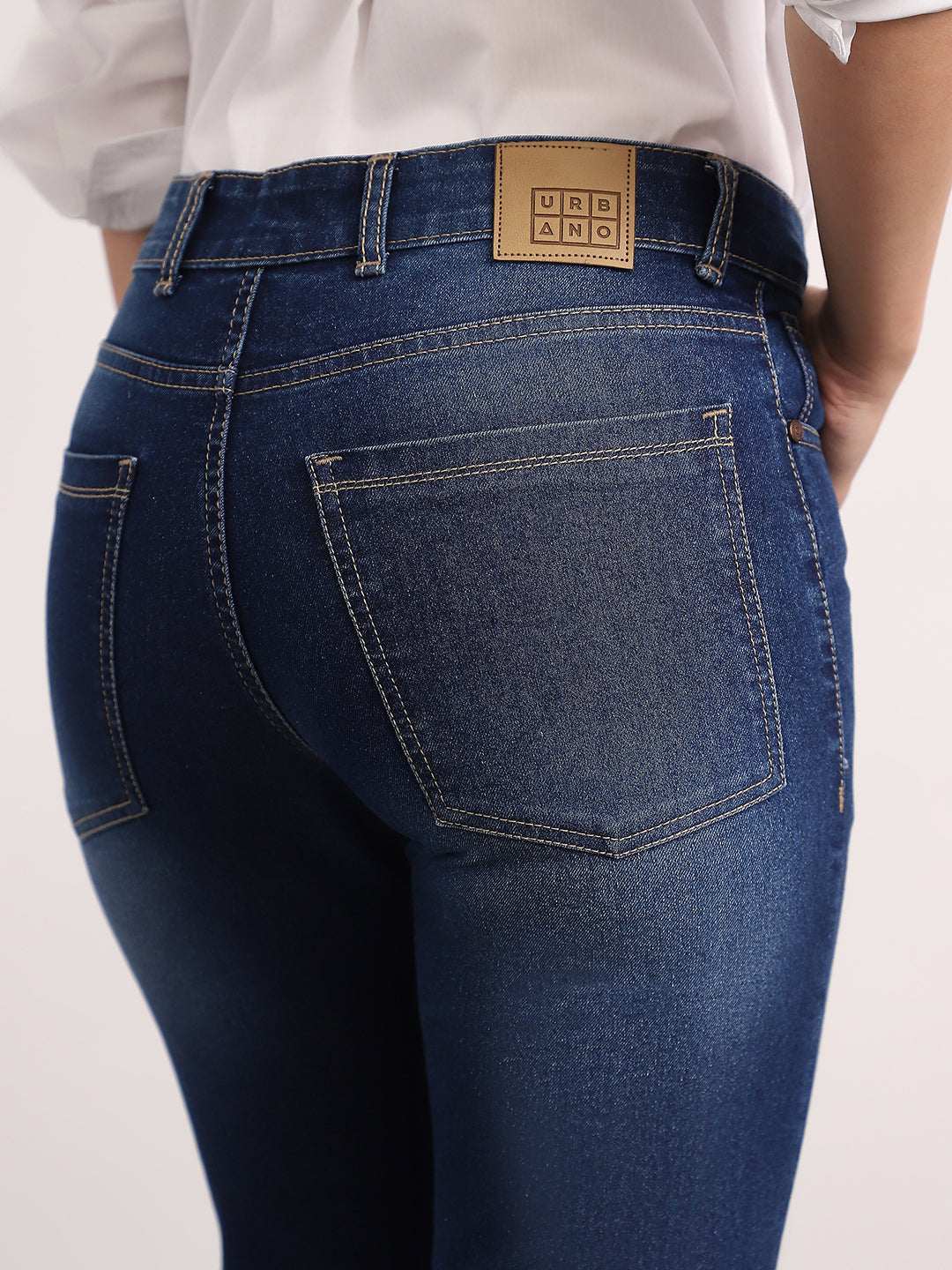 Women's Dark Blue Mid Rise Bootcut Fit Washed Jeans Stretchable