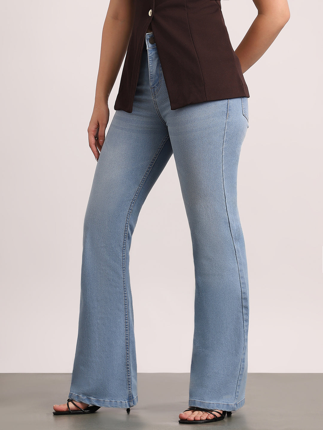 Women's Ice Blue Mid Rise Bootcut Fit Washed Jeans Stretchable