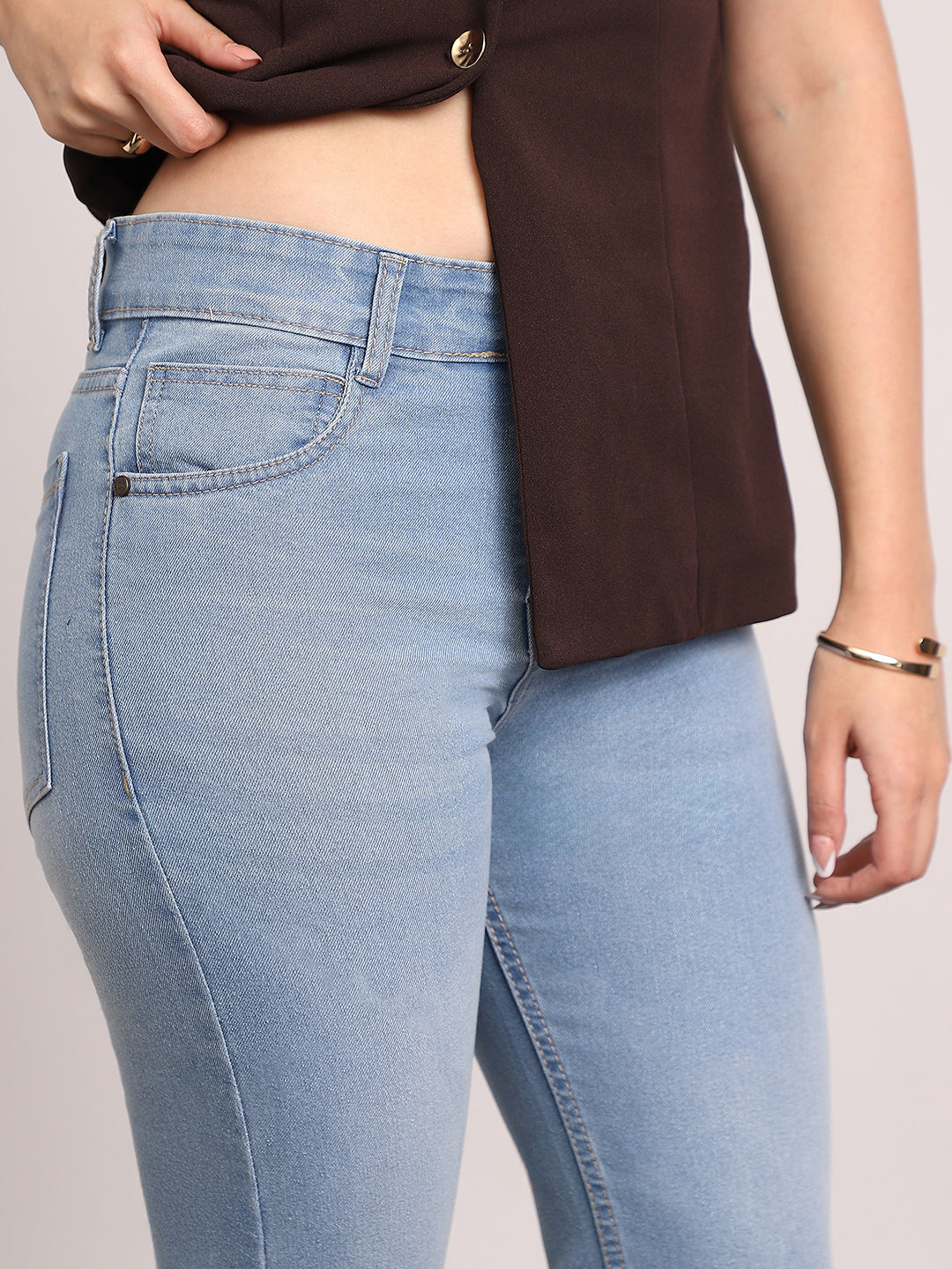 Women's Ice Blue Mid Rise Bootcut Fit Washed Jeans Stretchable