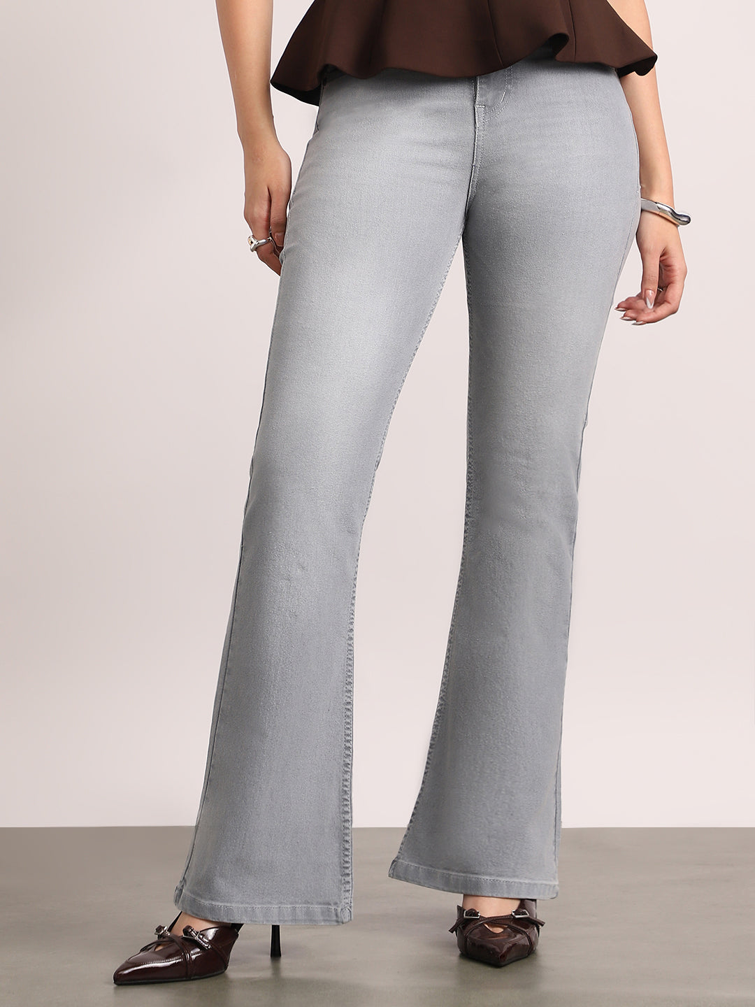 Women's Ice Grey Mid Rise Bootcut Fit Washed Jeans Stretchable