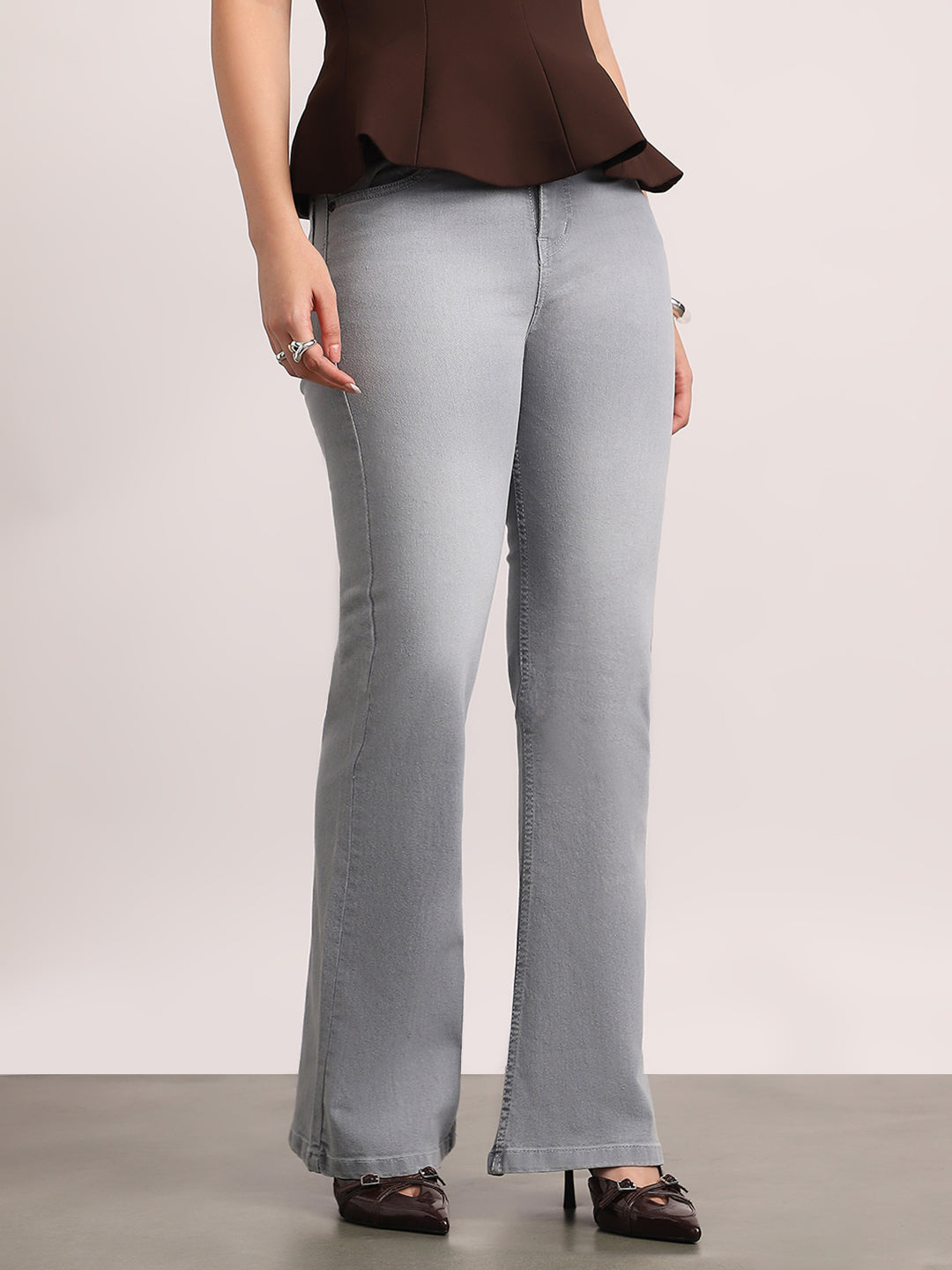 Women's Ice Grey Mid Rise Bootcut Fit Washed Jeans Stretchable
