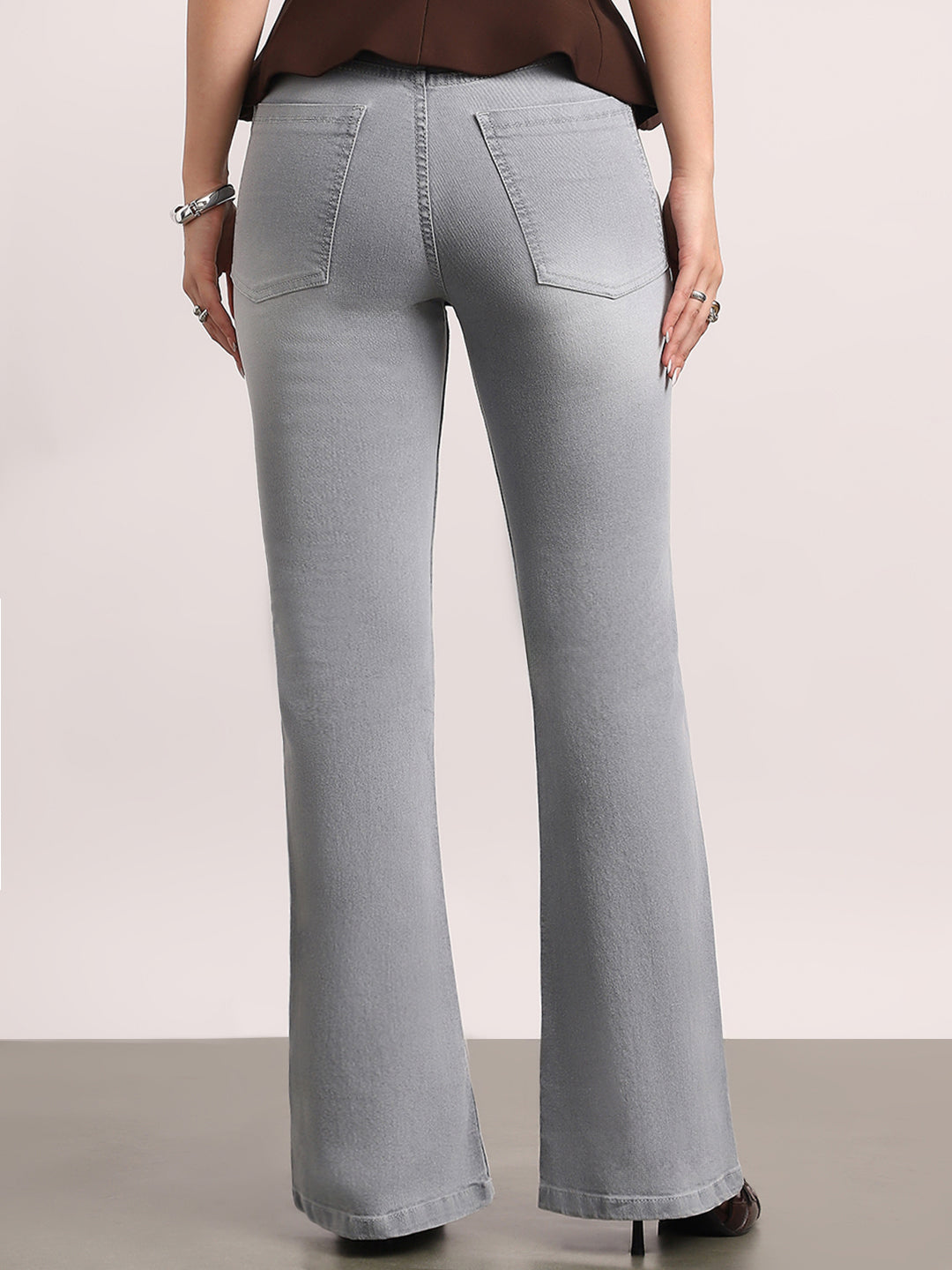 Women's Ice Grey Mid Rise Bootcut Fit Washed Jeans Stretchable