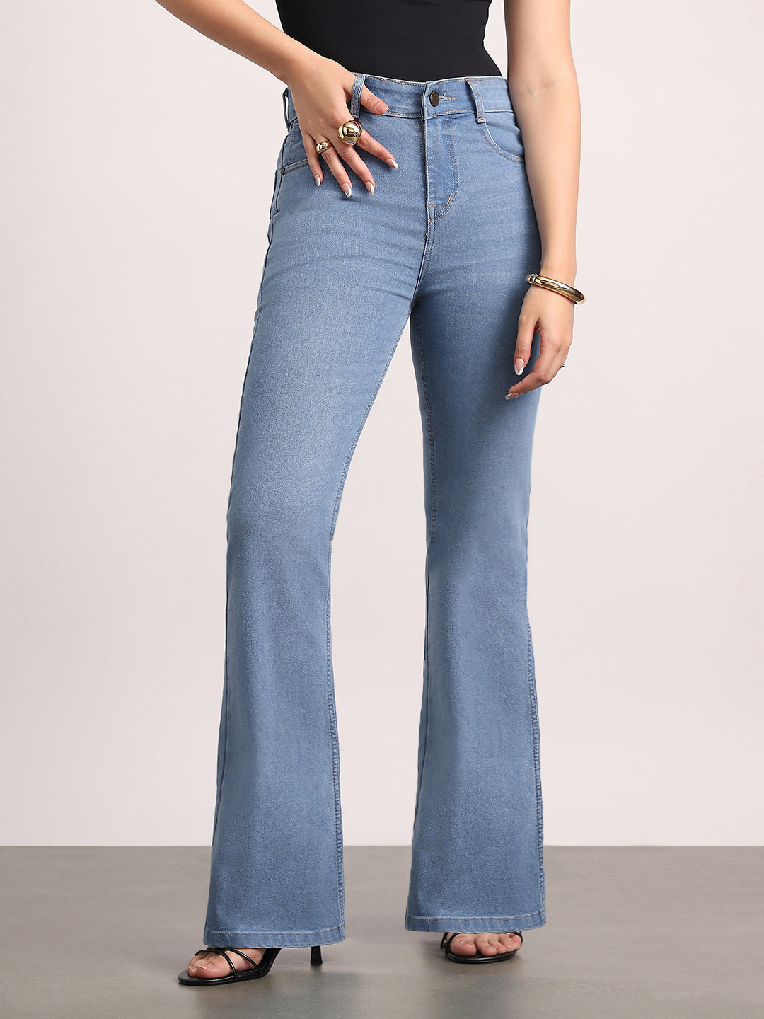 Women's Light Blue Mid Rise Bootcut Fit Washed Jeans Stretchable