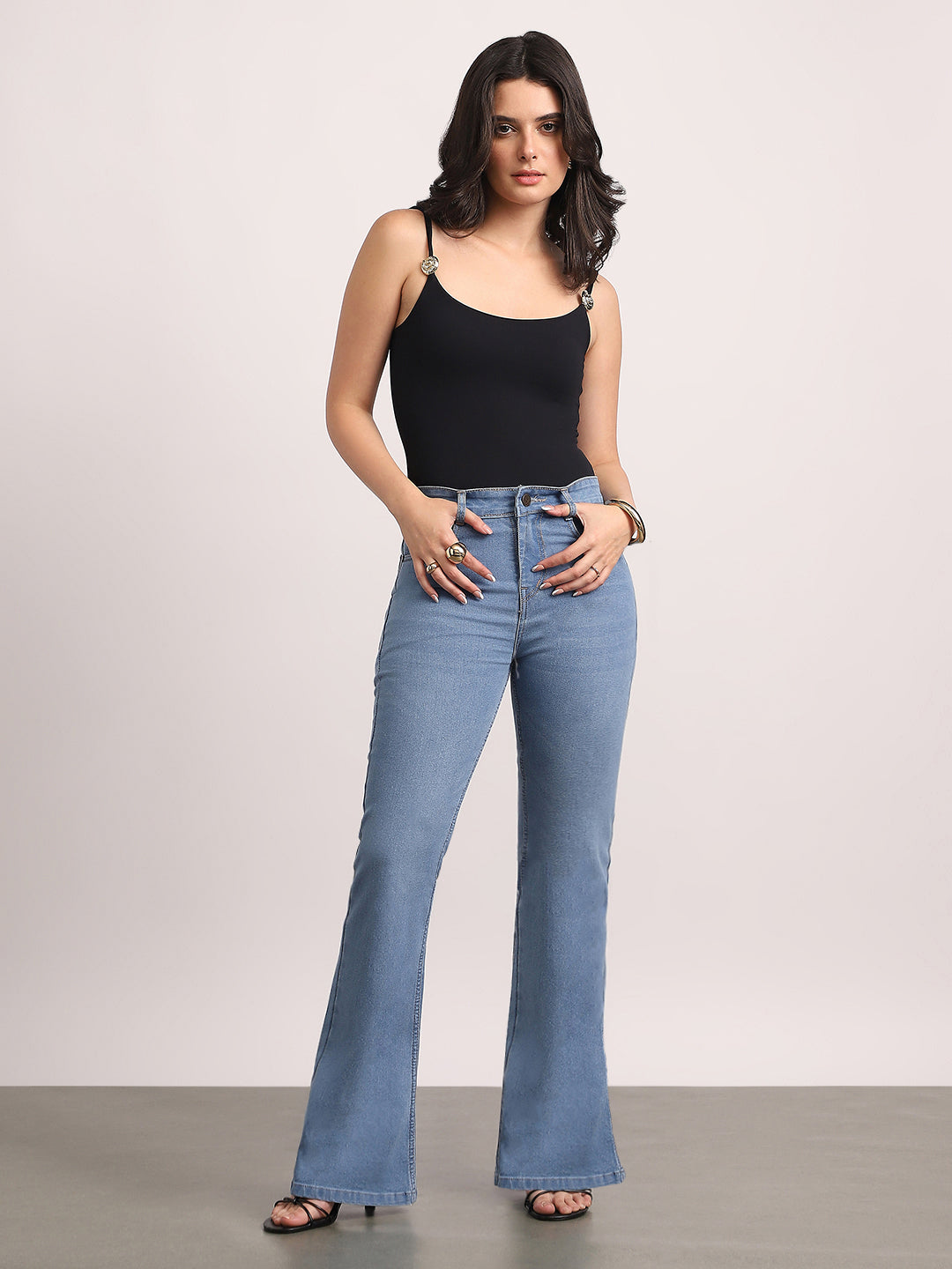 Women's Light Blue Mid Rise Bootcut Fit Washed Jeans Stretchable