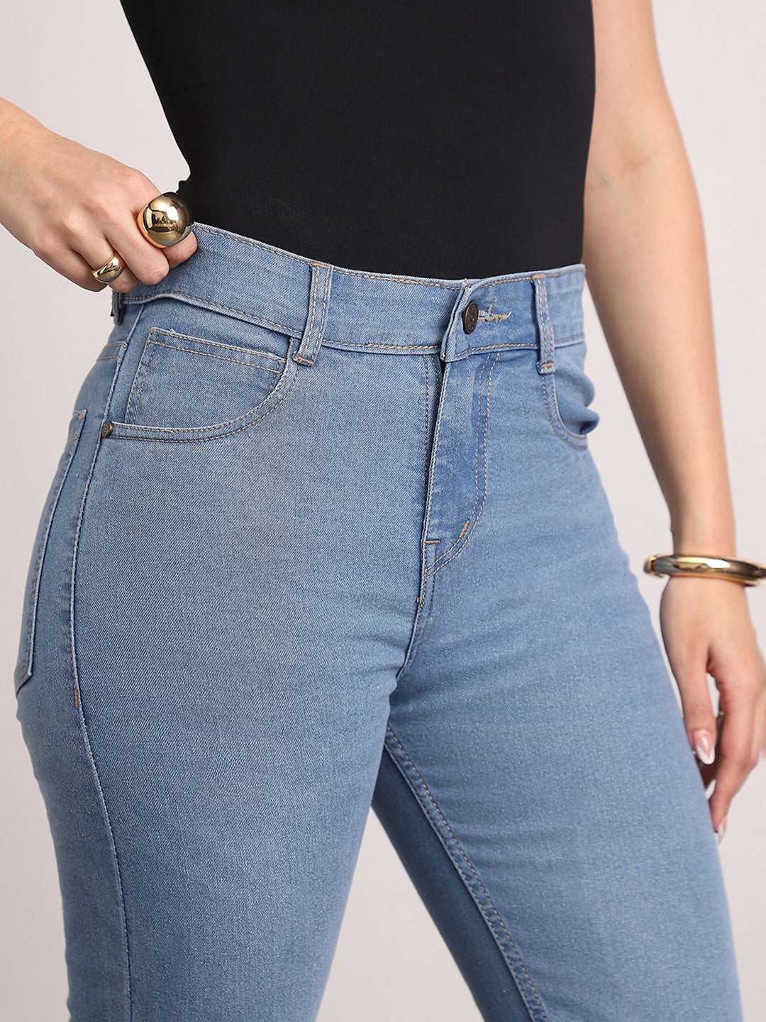 Women's Light Blue Mid Rise Bootcut Fit Washed Jeans Stretchable