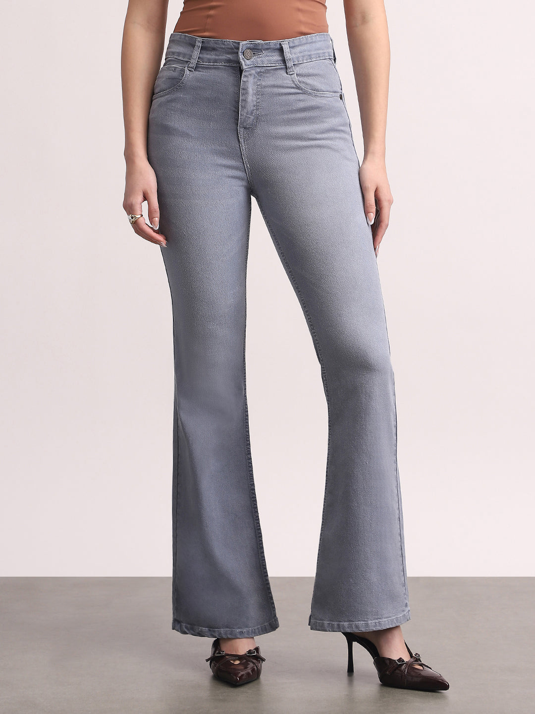 Women's Light Grey Mid Rise Bootcut Fit Washed Jeans Stretchable