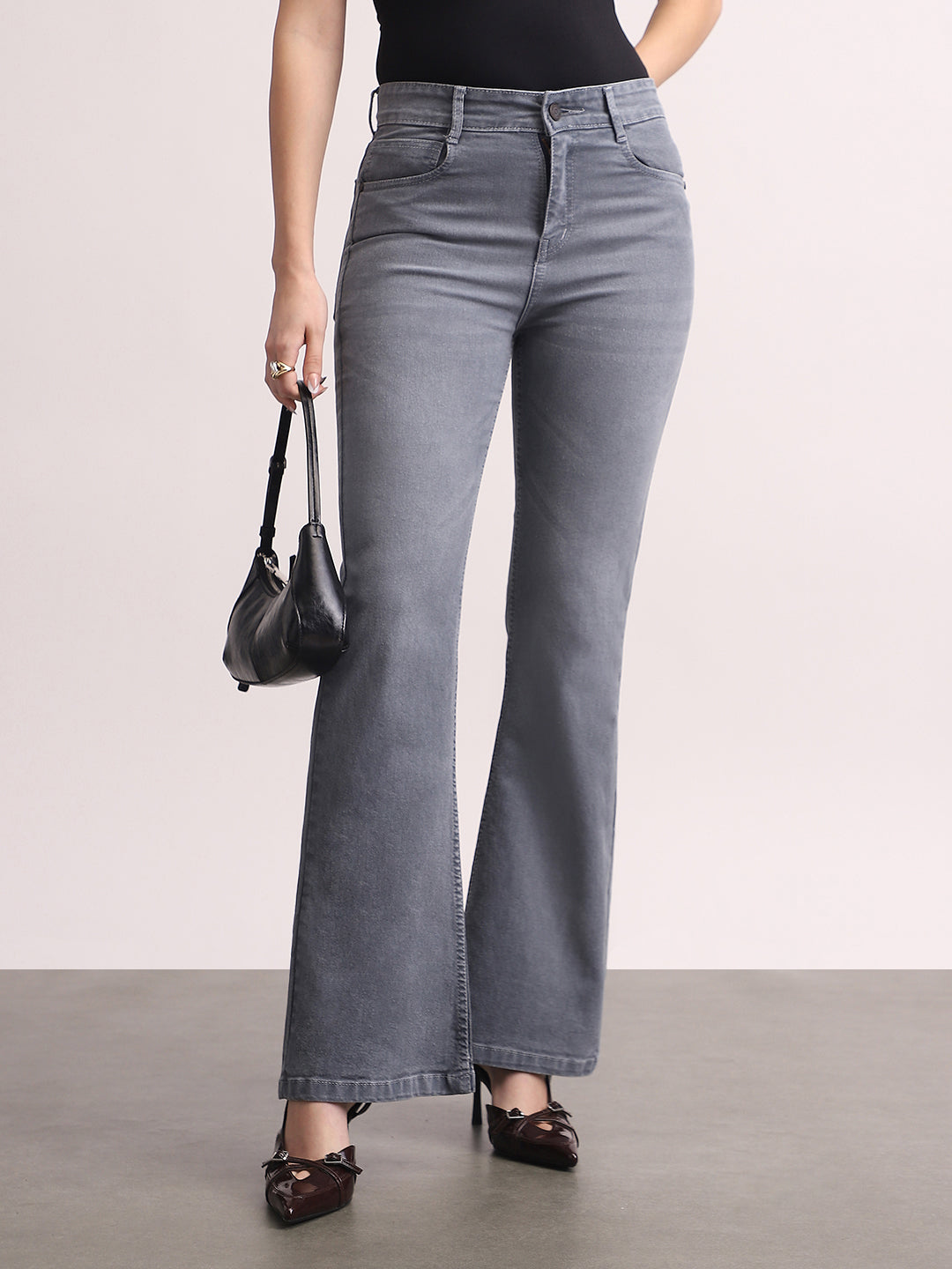 Women's Grey Mid Rise Bootcut Fit Washed Jeans Stretchable
