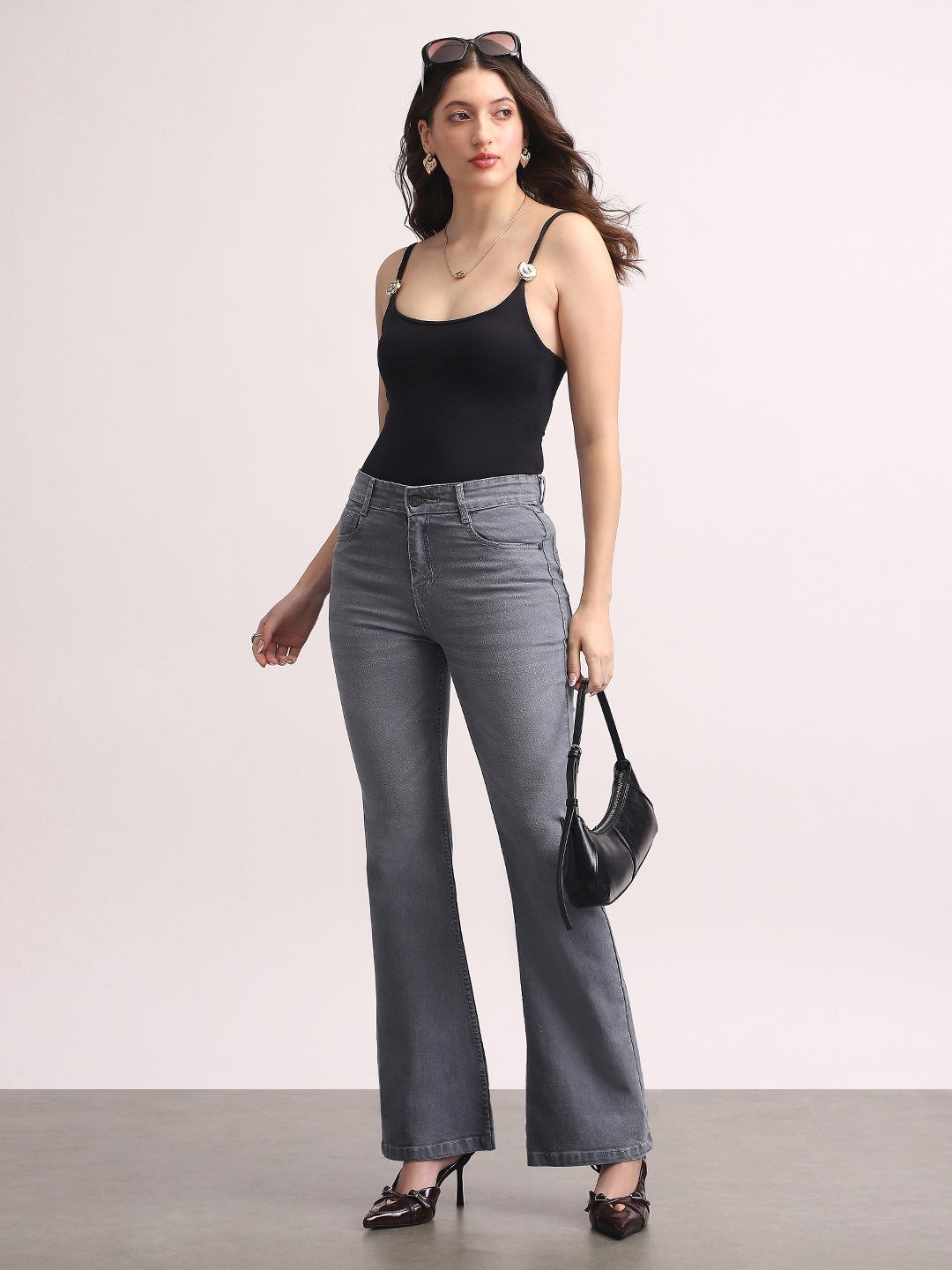 Women's Grey Mid Rise Bootcut Fit Washed Jeans Stretchable