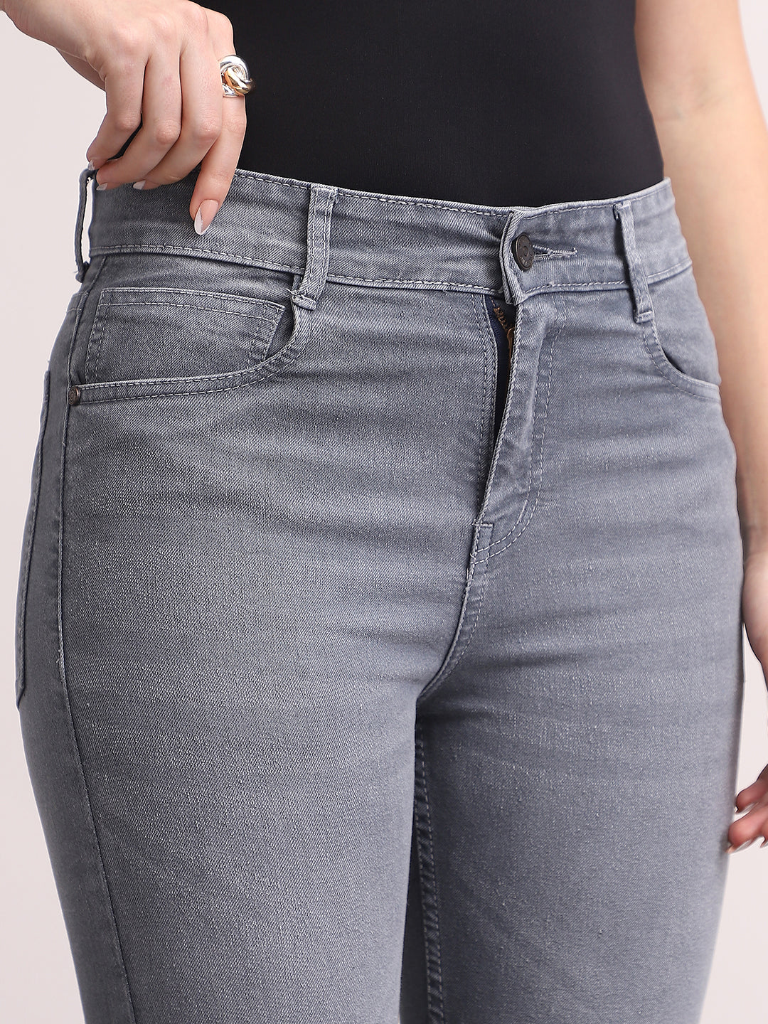 Women's Grey Mid Rise Bootcut Fit Washed Jeans Stretchable