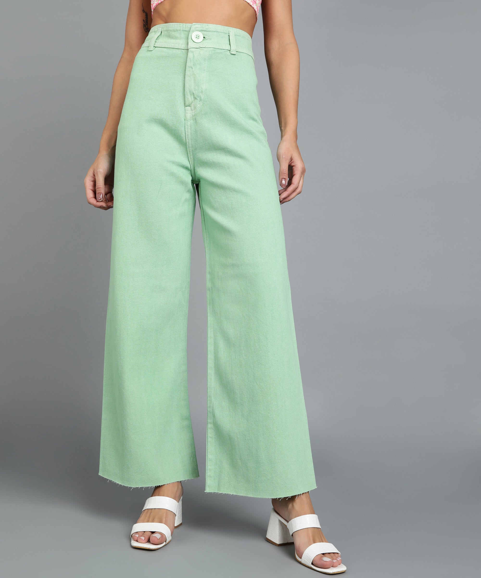 Women's Green Regular Fit Wide Leg Washed Jeans