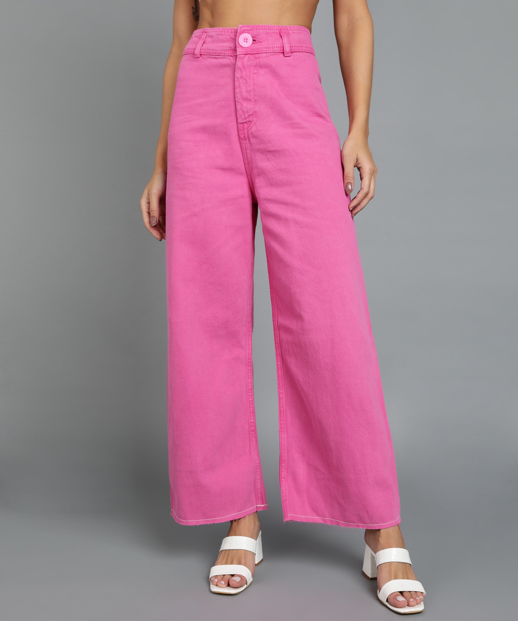 Women's Pink Regular Fit Wide Leg Washed Jeans