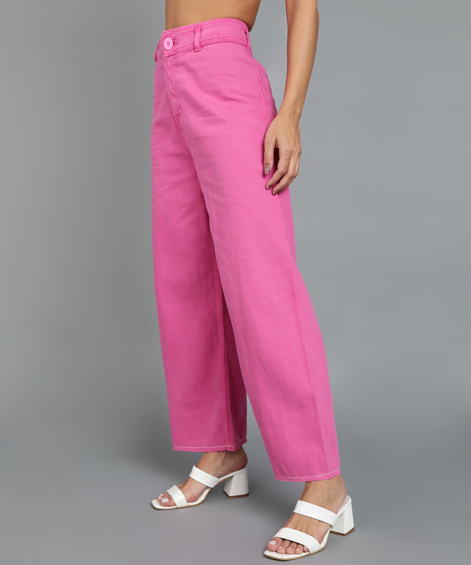 Women's Pink Regular Fit Wide Leg Washed Jeans