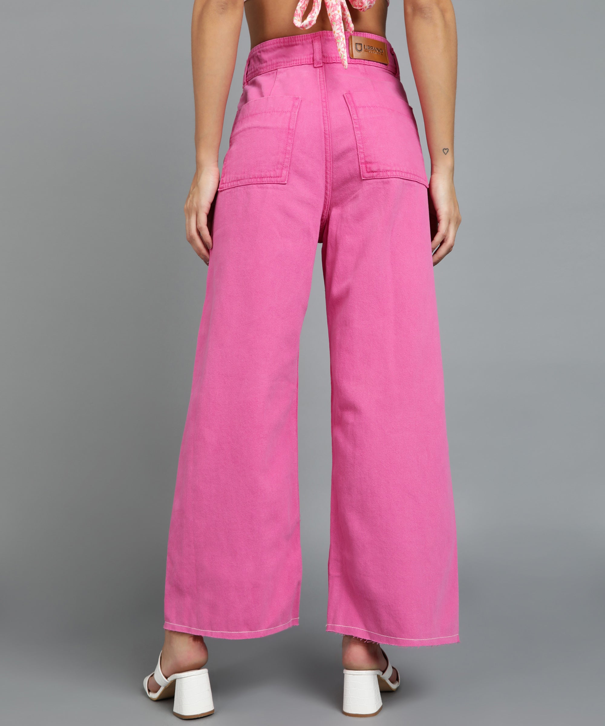 Women's Pink Regular Fit Wide Leg Washed Jeans