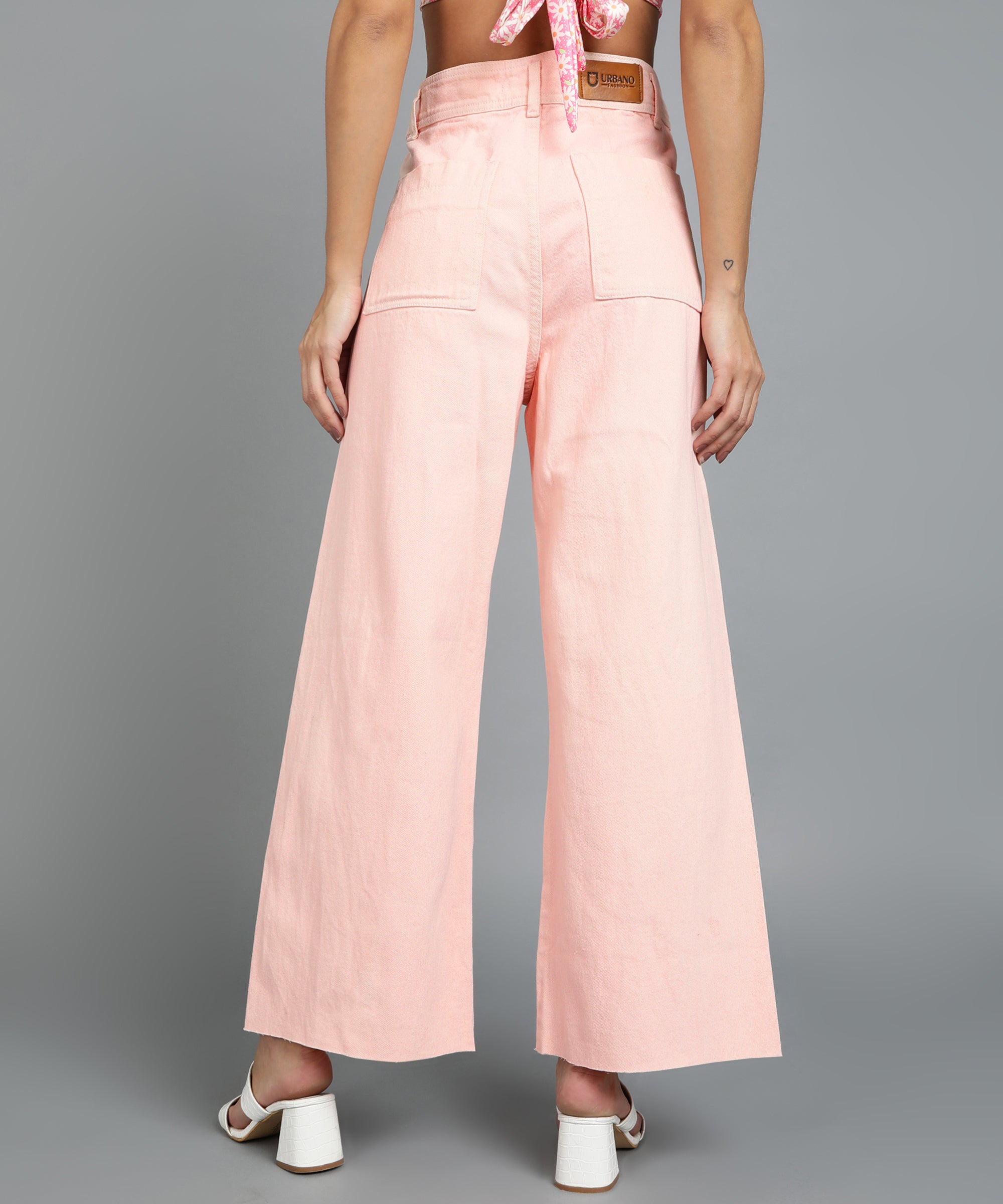 Women's Orange Regular Fit Wide Leg Washed Jeans