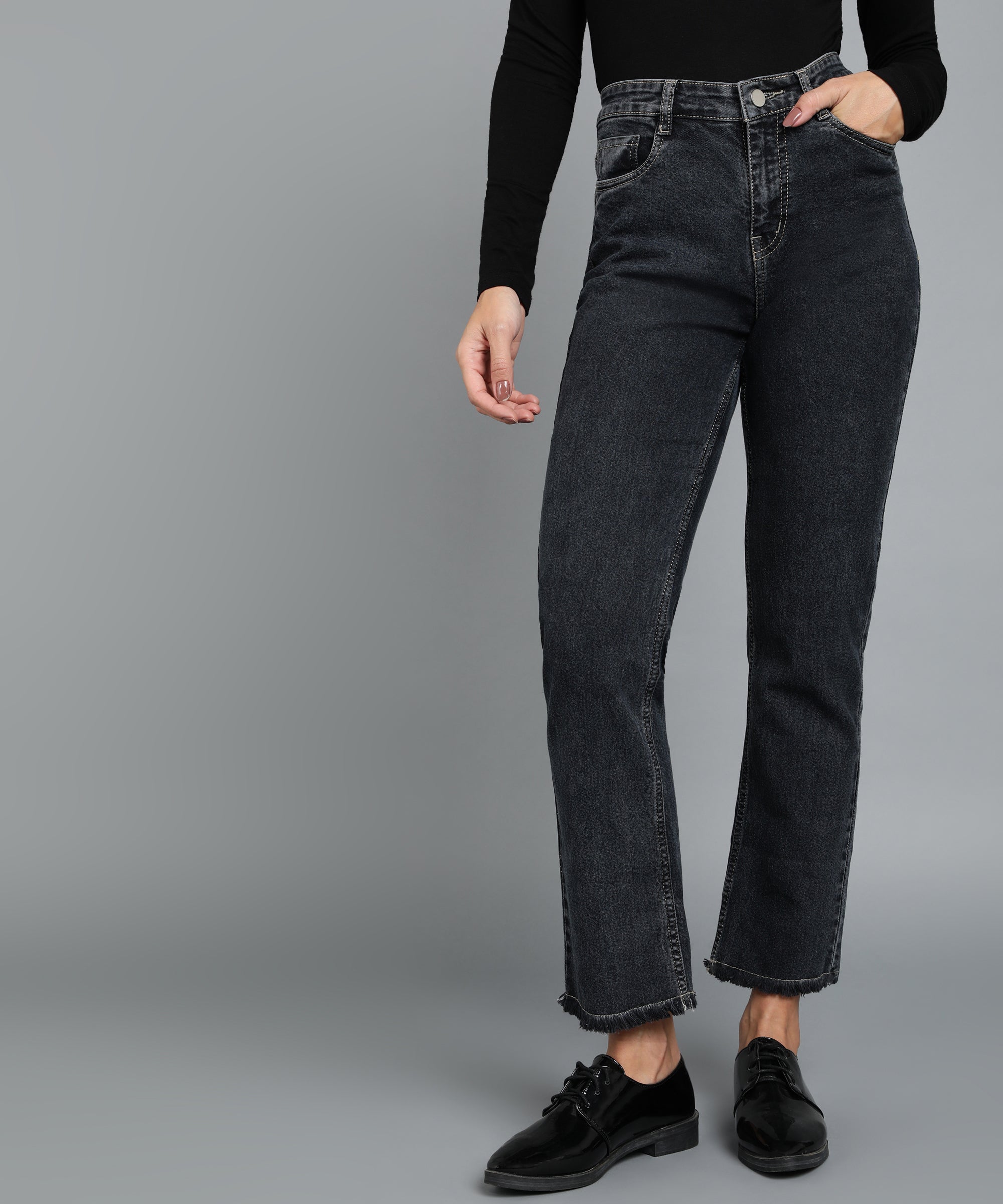 Urbano Fashion Women's Black Regular Fit Wide Leg Washed Jeans