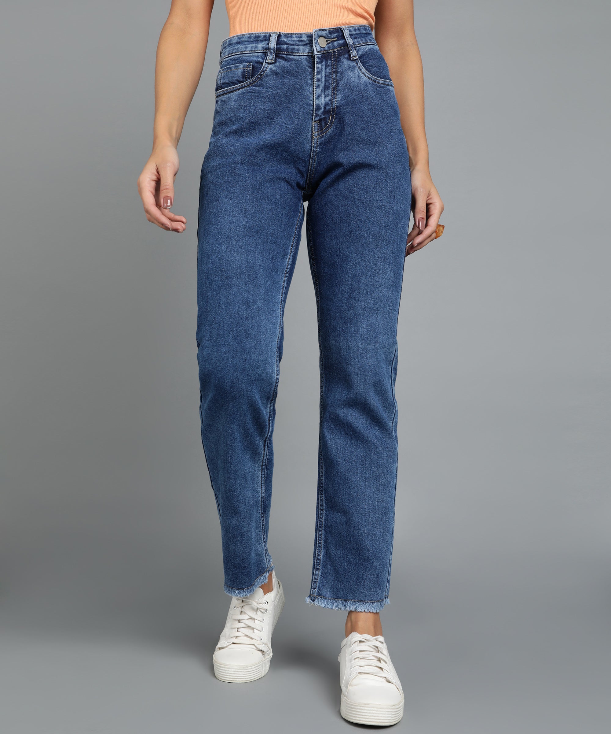 Women's Dark Blue Regular Fit Wide Leg Washed Jeans