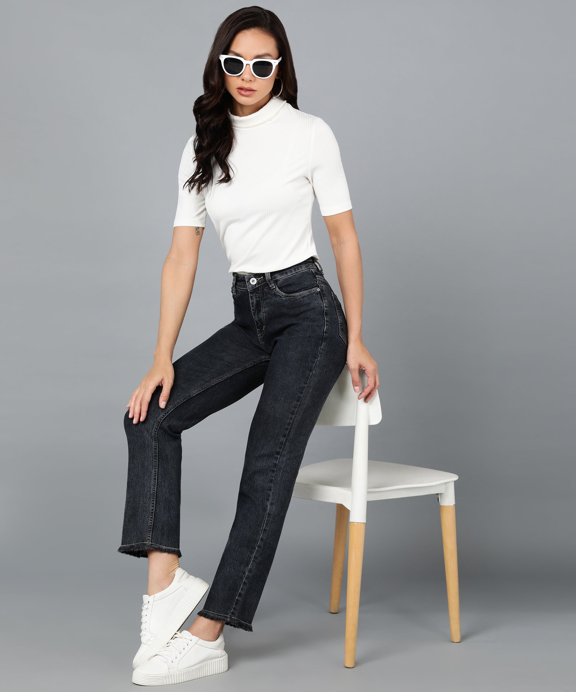 Urbano Fashion Women's Dark Blue Regular Fit Wide Leg Washed Jeans