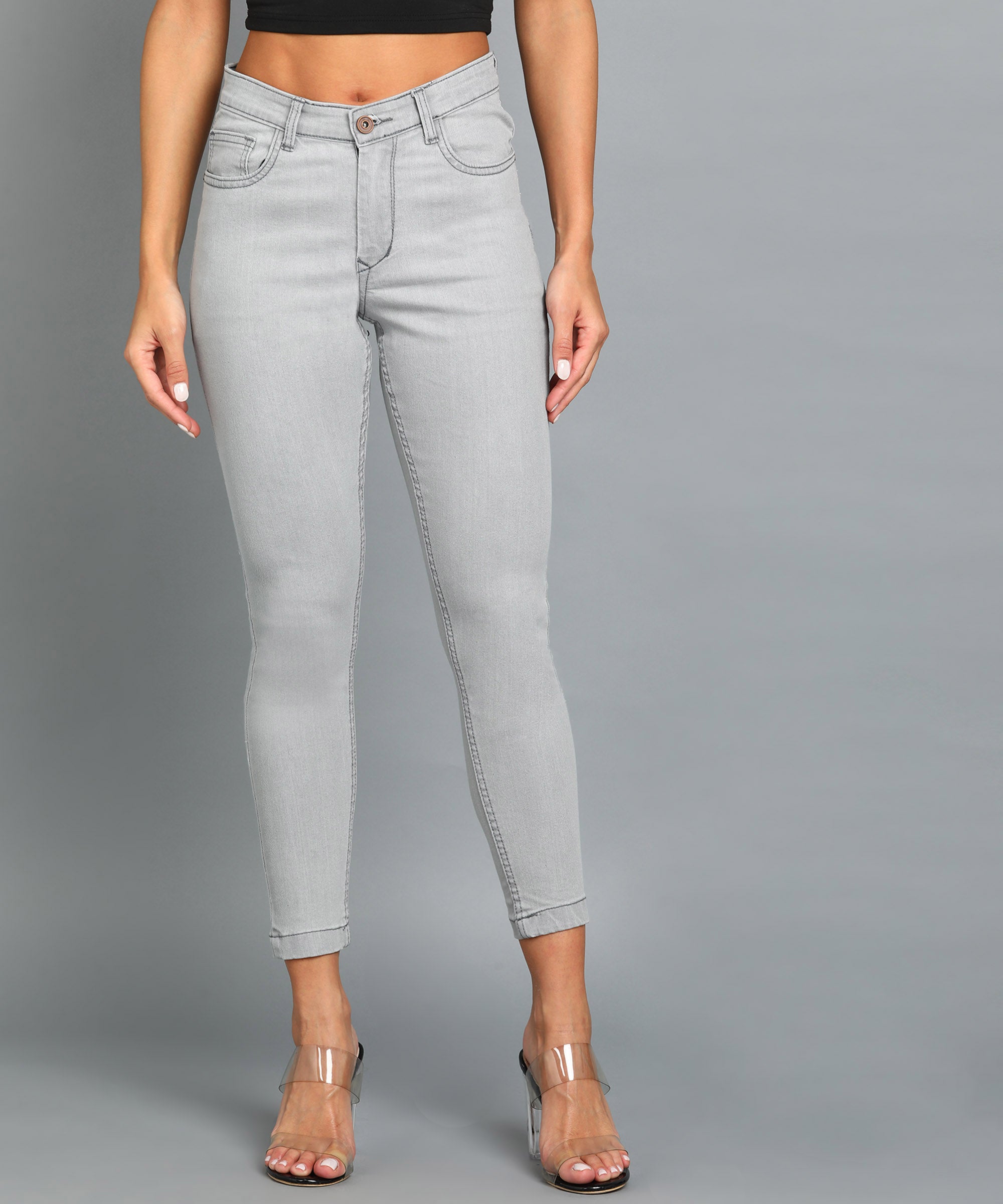 Women's Light Grey Skinny Fit Washed Jeans