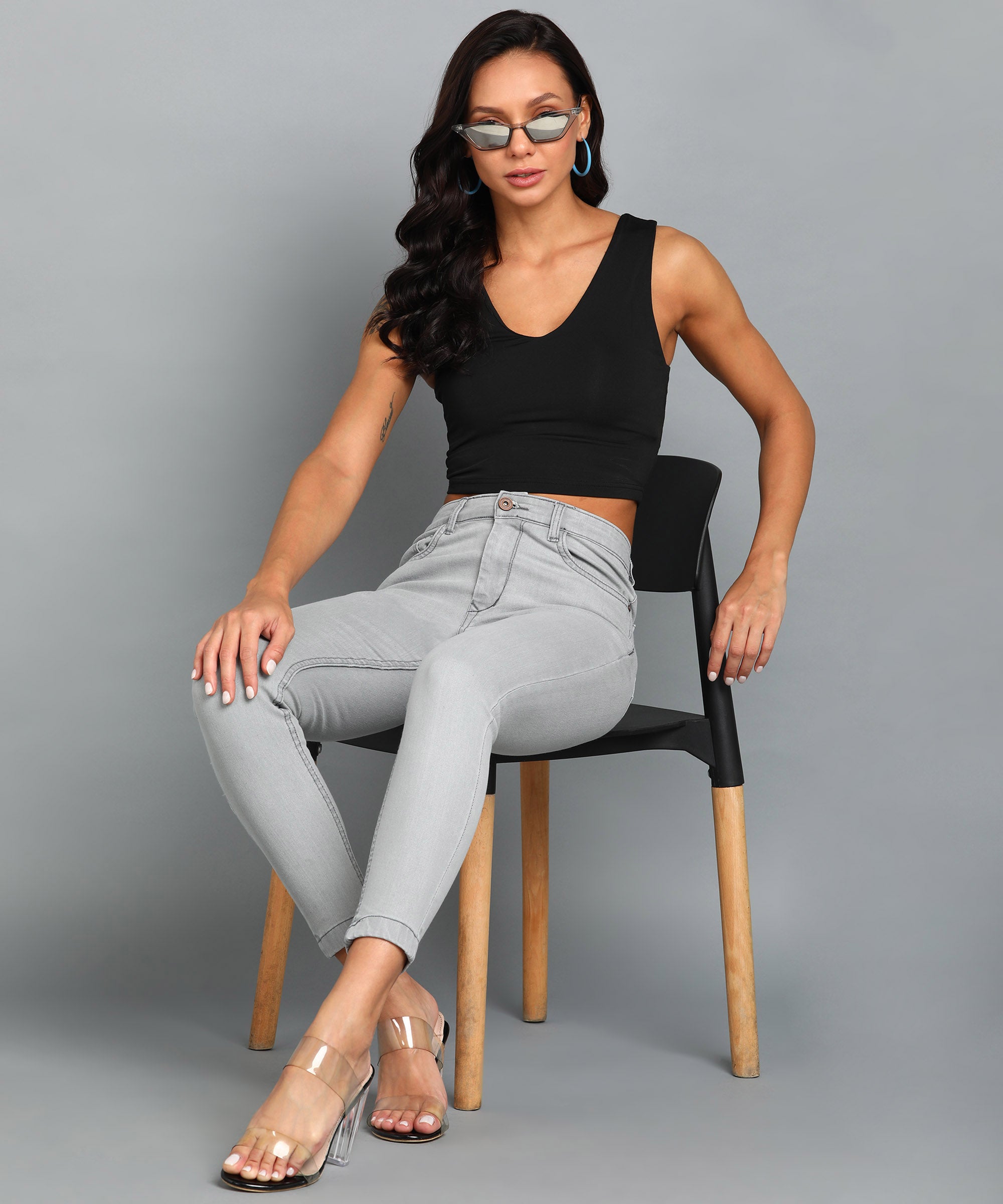 Women's Light Grey Skinny Fit Washed Jeans