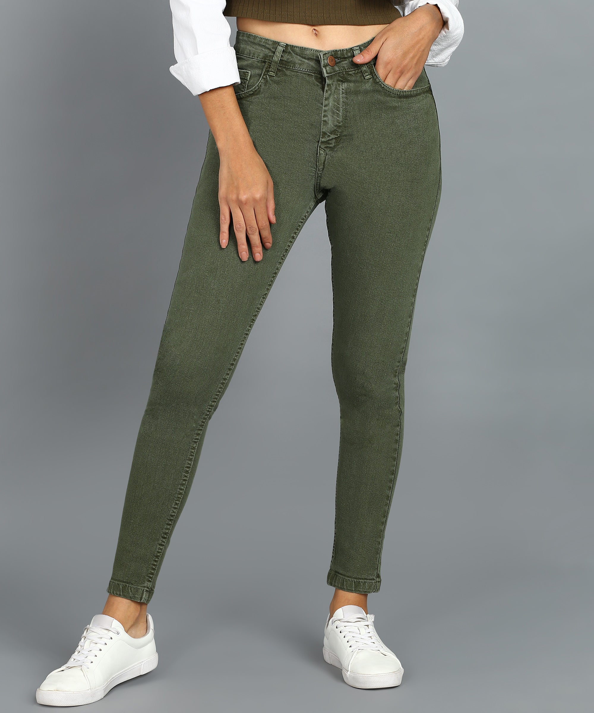 Women's Green Skinny Fit Washed Jeans