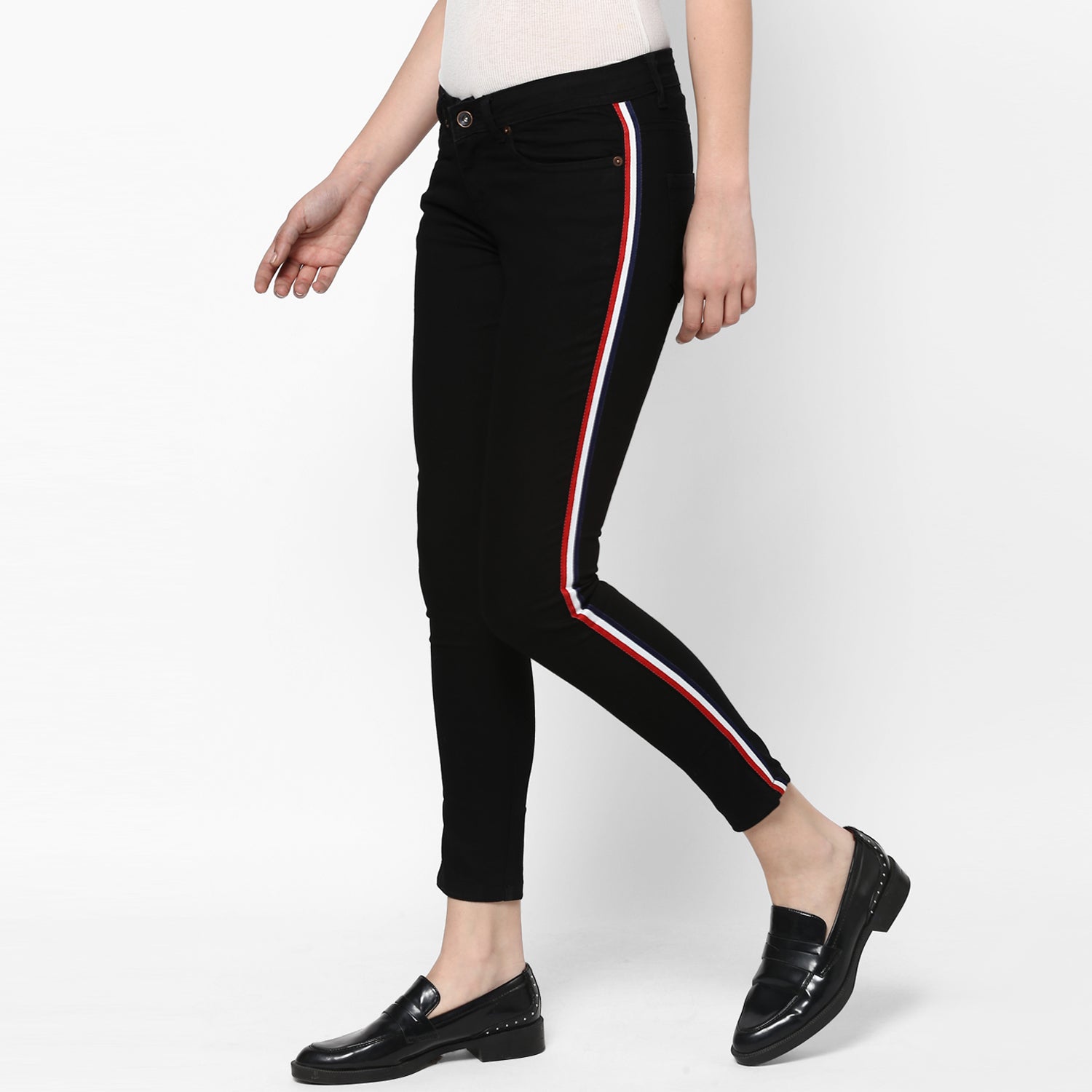 Women's Black Side Striped Skinny Fit Jeans Stretch