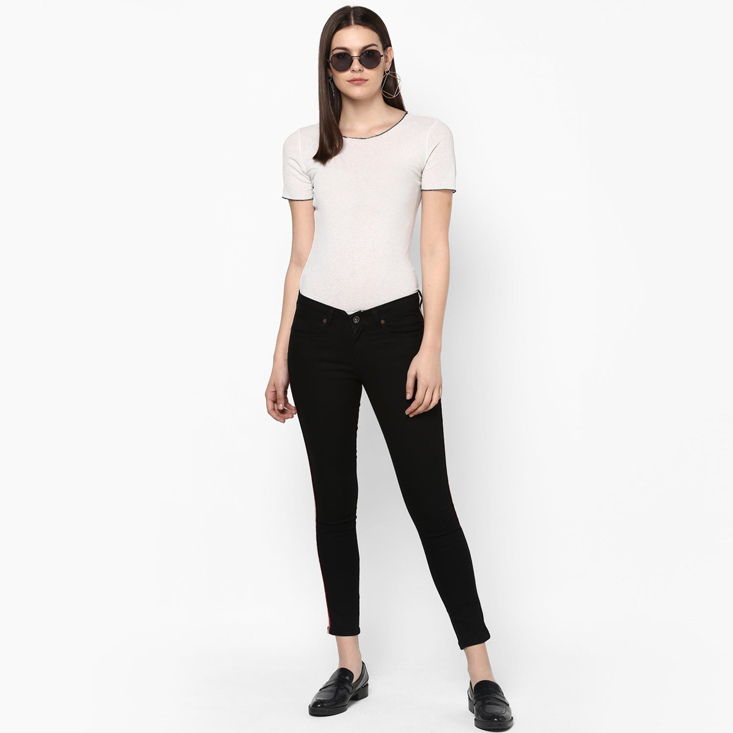 Women's Black Side Striped Skinny Fit Jeans Stretch