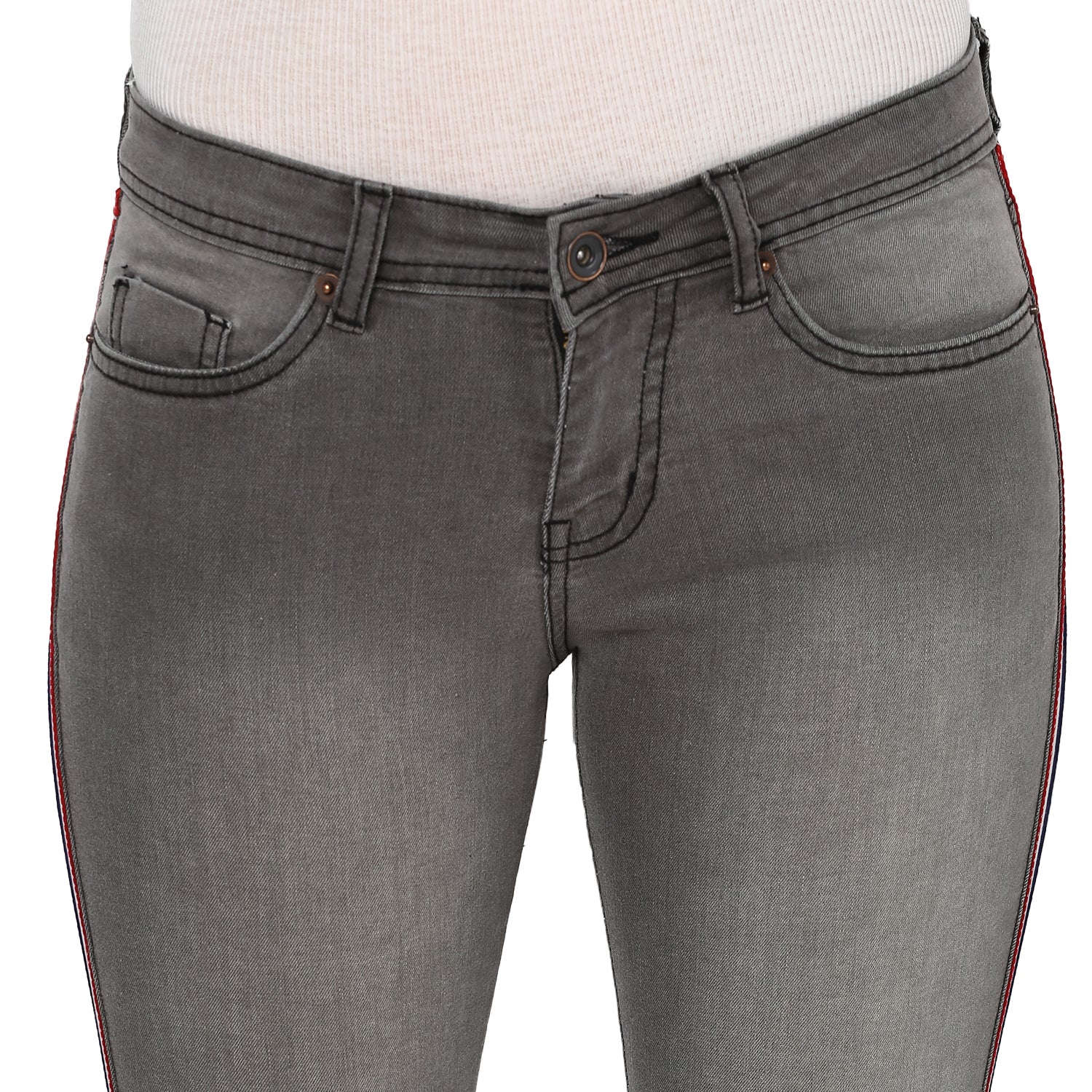 Women's Grey Side Striped Skinny Fit Jeans Stretch
