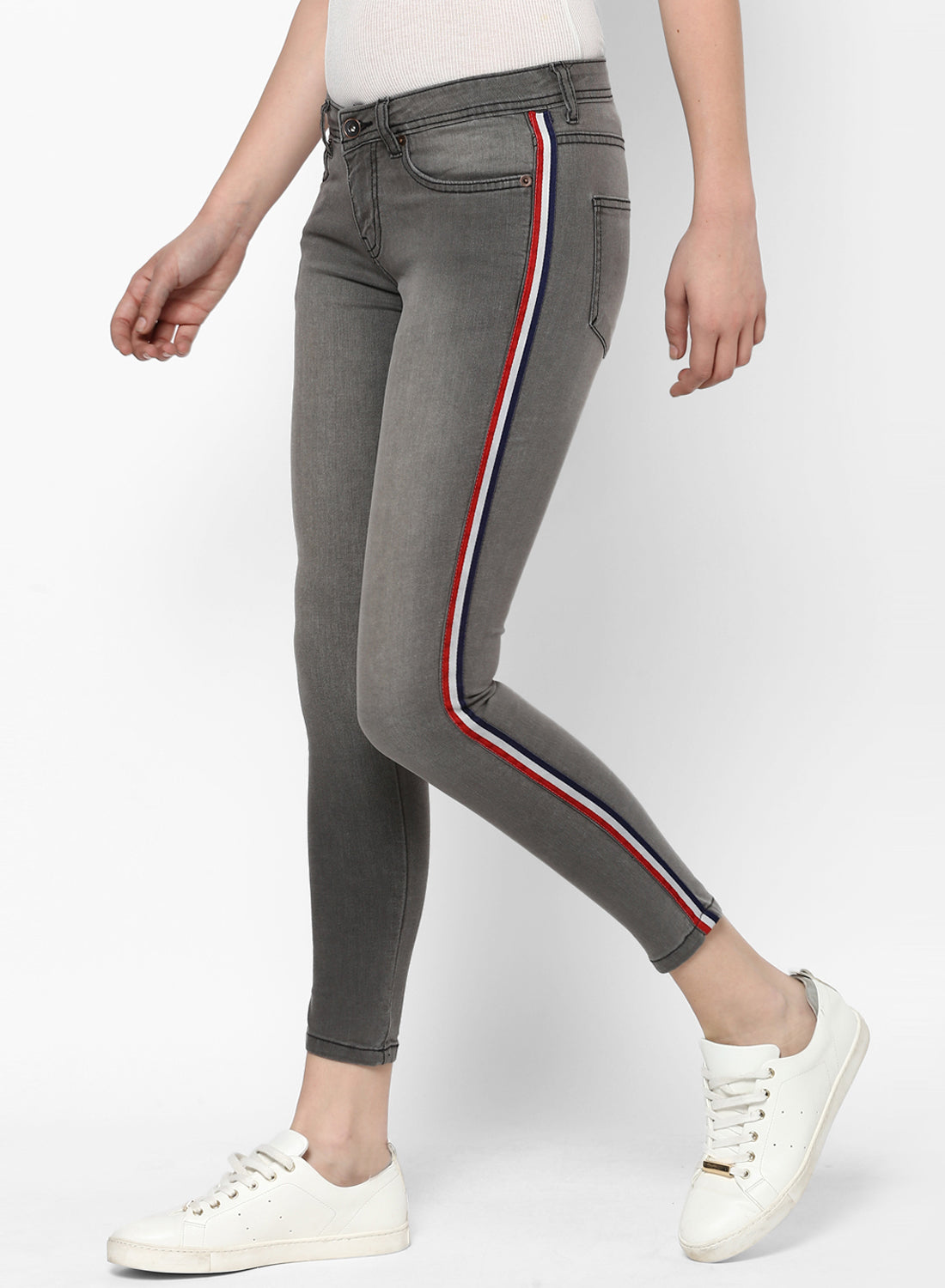 Women's Grey Side Striped Skinny Fit Jeans Stretch