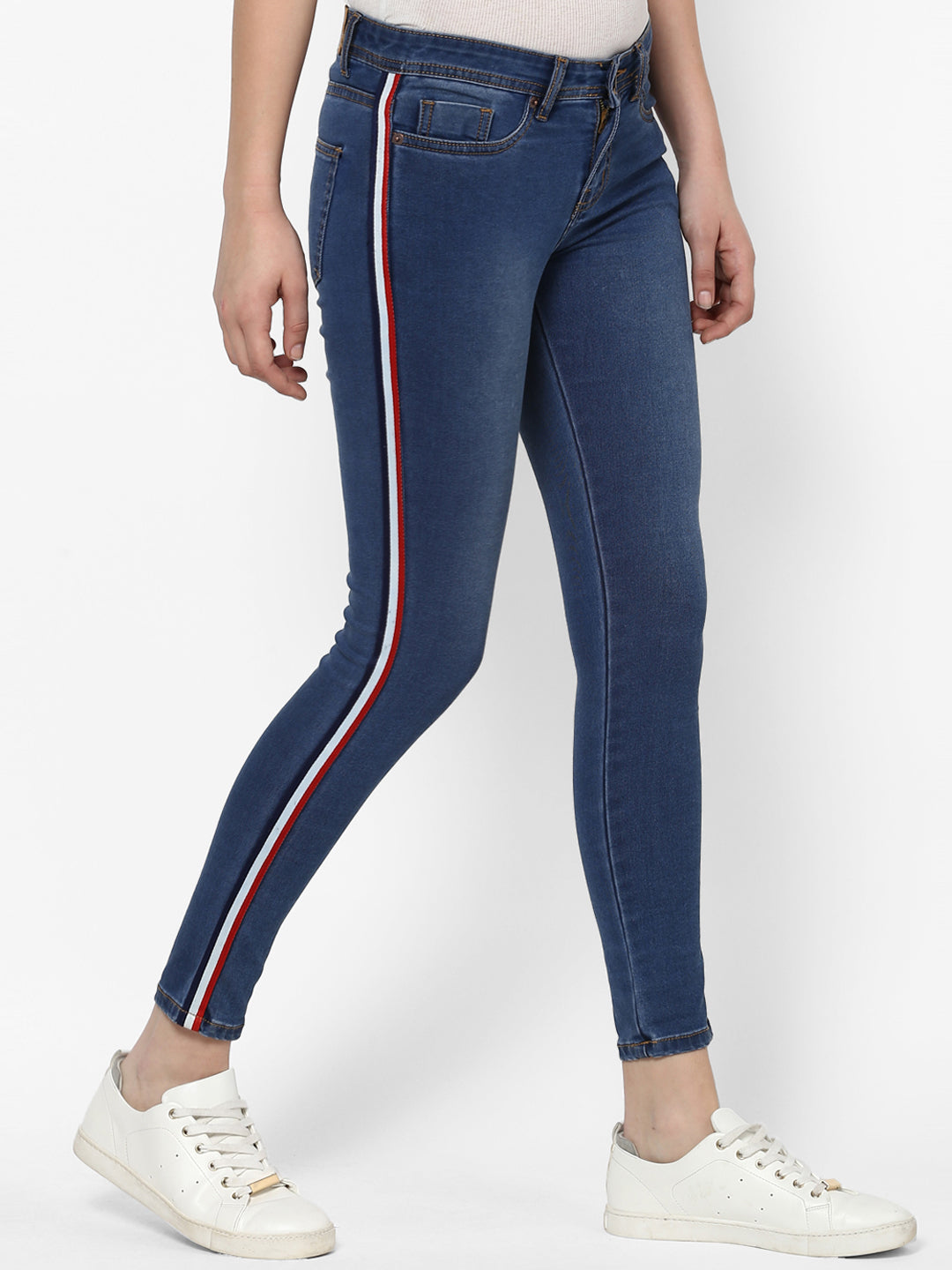 Women's Blue Side Striped Skinny Fit Jeans Stretch
