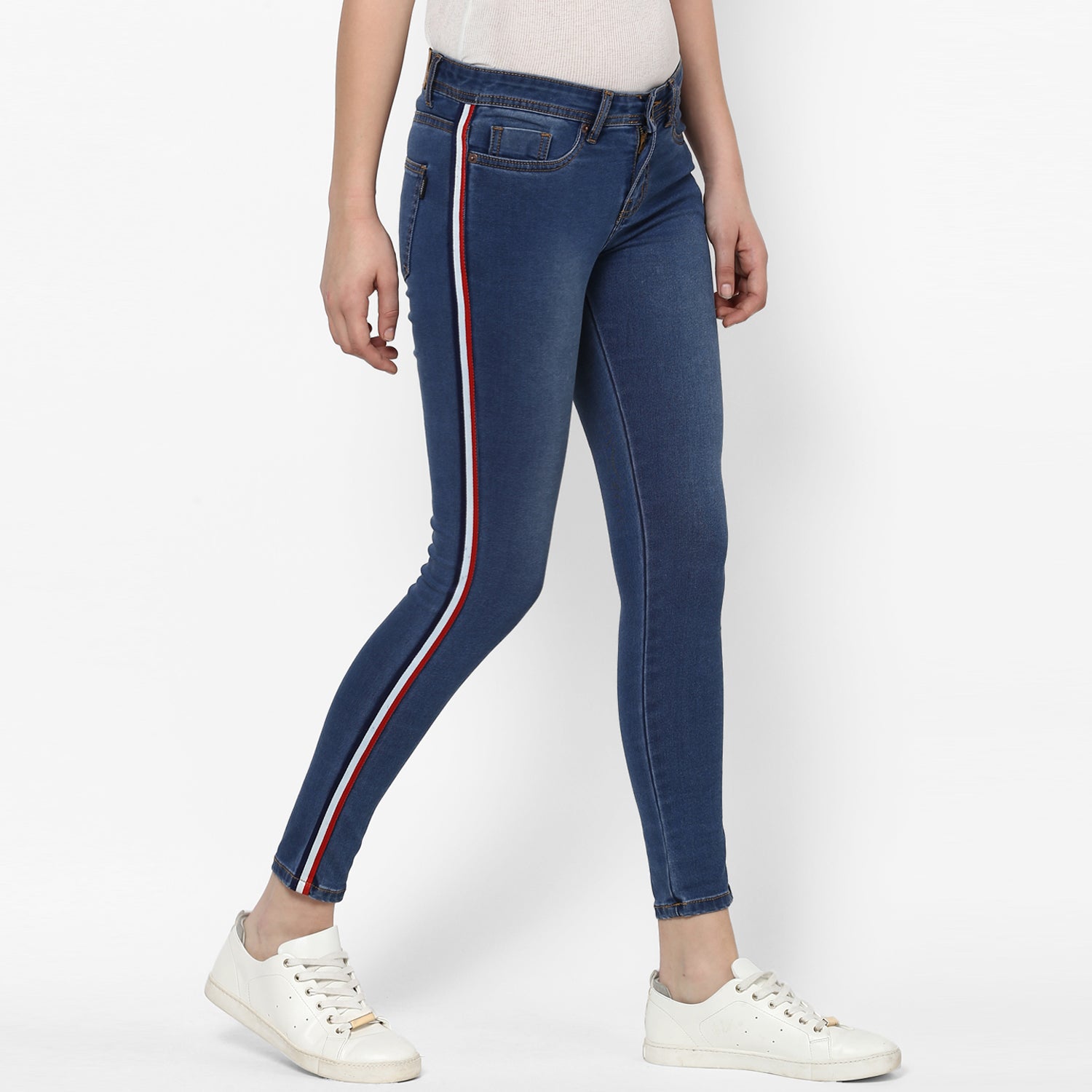 Women's Blue Side Striped Skinny Fit Jeans Stretch