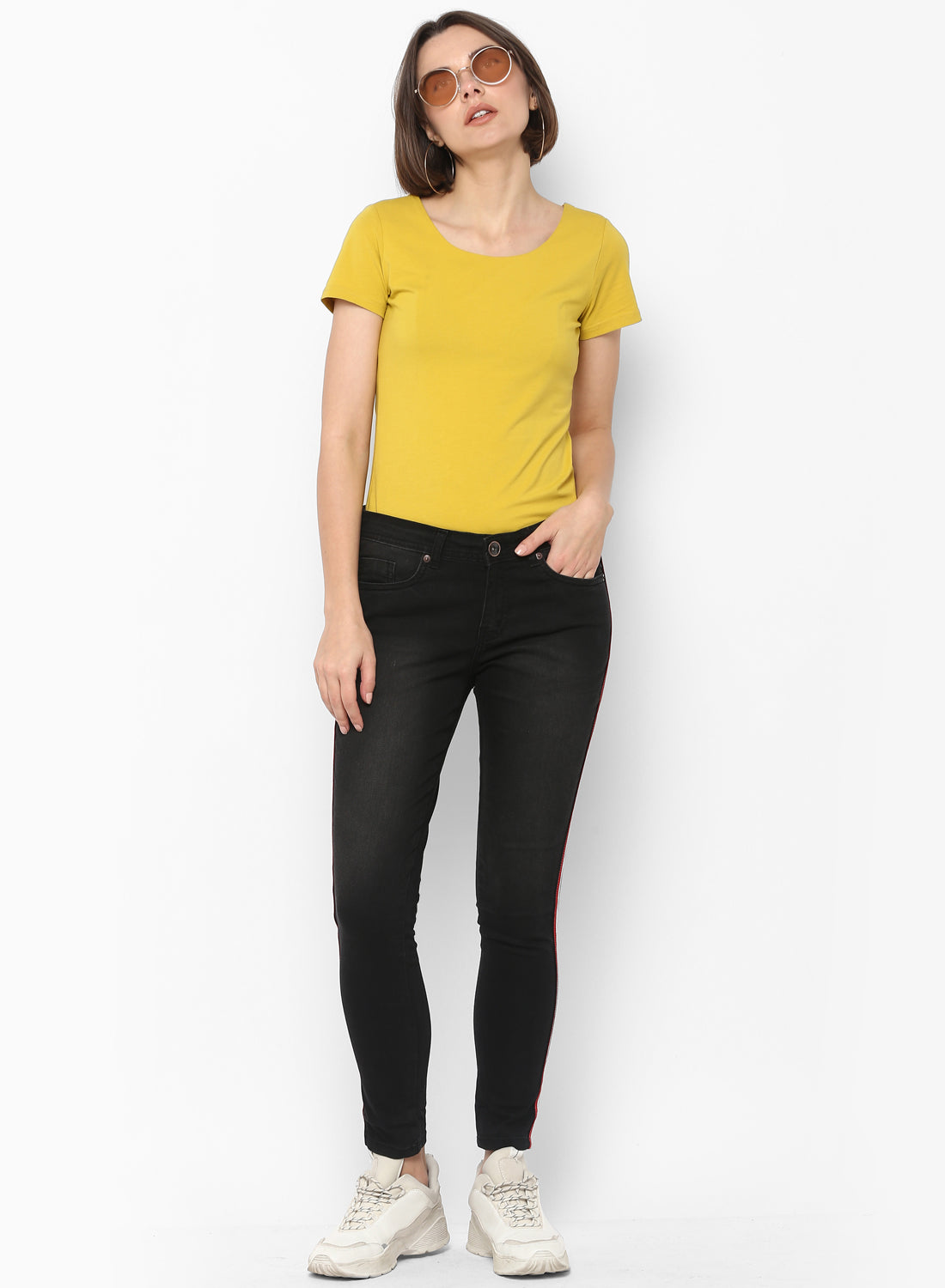 Women's Black Side Striped Skinny Fit Jeans Stretch