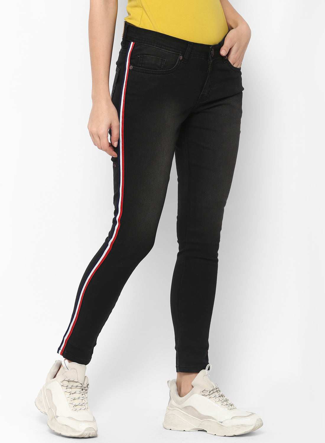 Women's Black Side Striped Skinny Fit Jeans Stretch