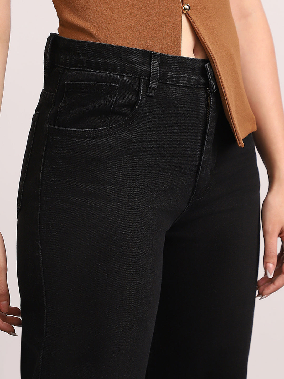 Women's Black High Rise Straight Fit Washed Jeans Non-Stretchable