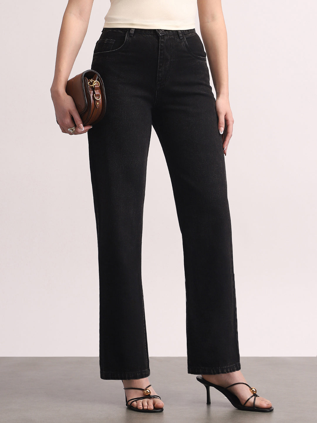 Women's Black High Rise Straight Fit Washed Jeans Non-Stretchable