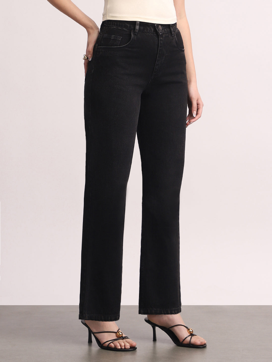 Women's Black High Rise Straight Fit Washed Jeans Non-Stretchable