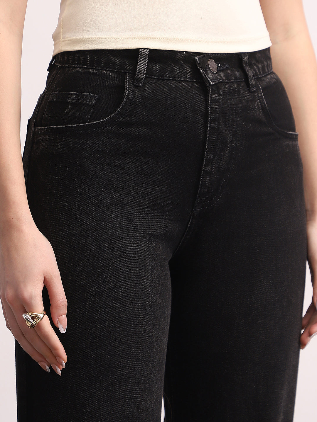 Women's Black High Rise Straight Fit Washed Jeans Non-Stretchable