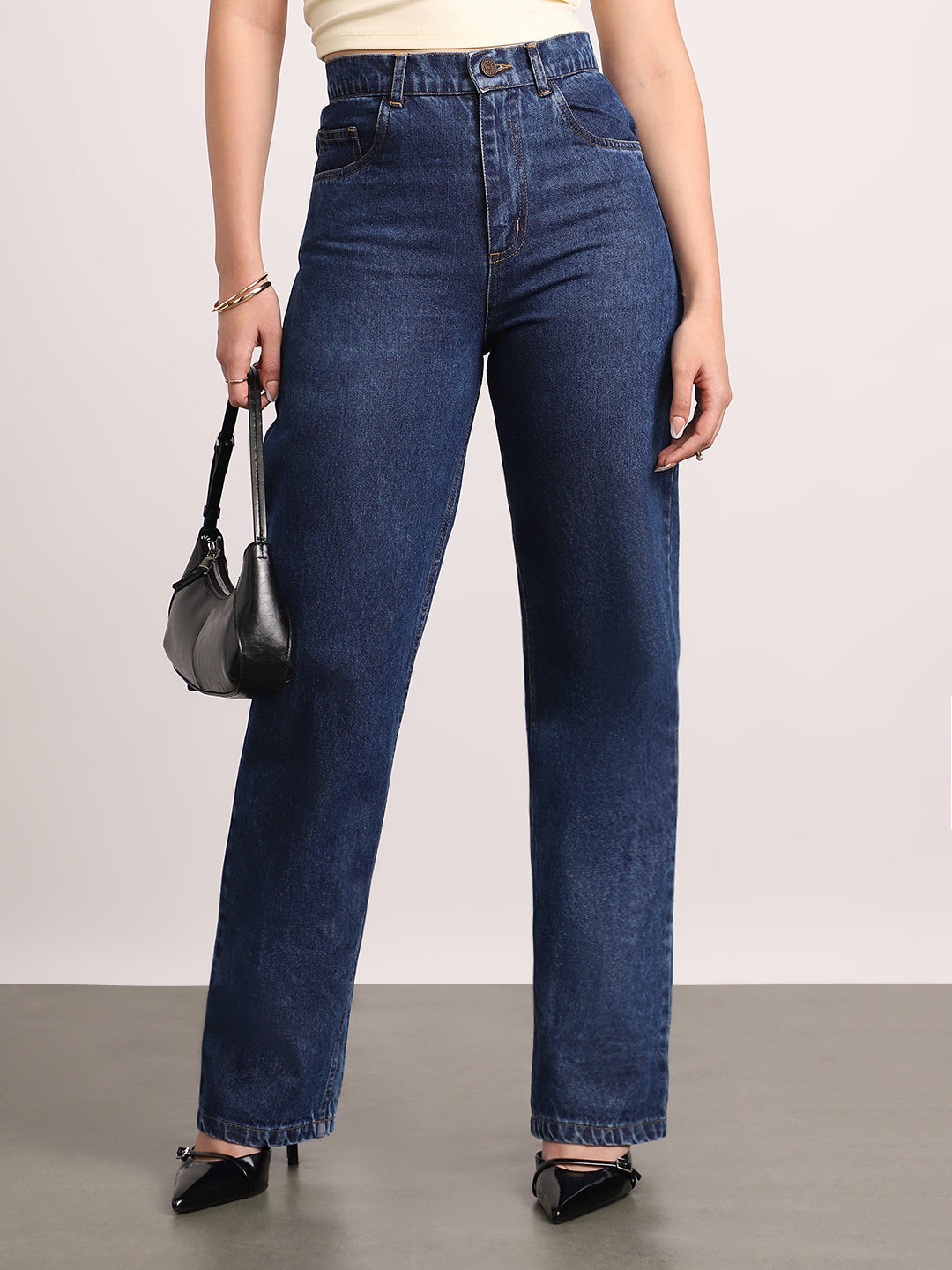 Women's Dark Blue High Rise Straight Fit Washed Jeans Non-Stretchable