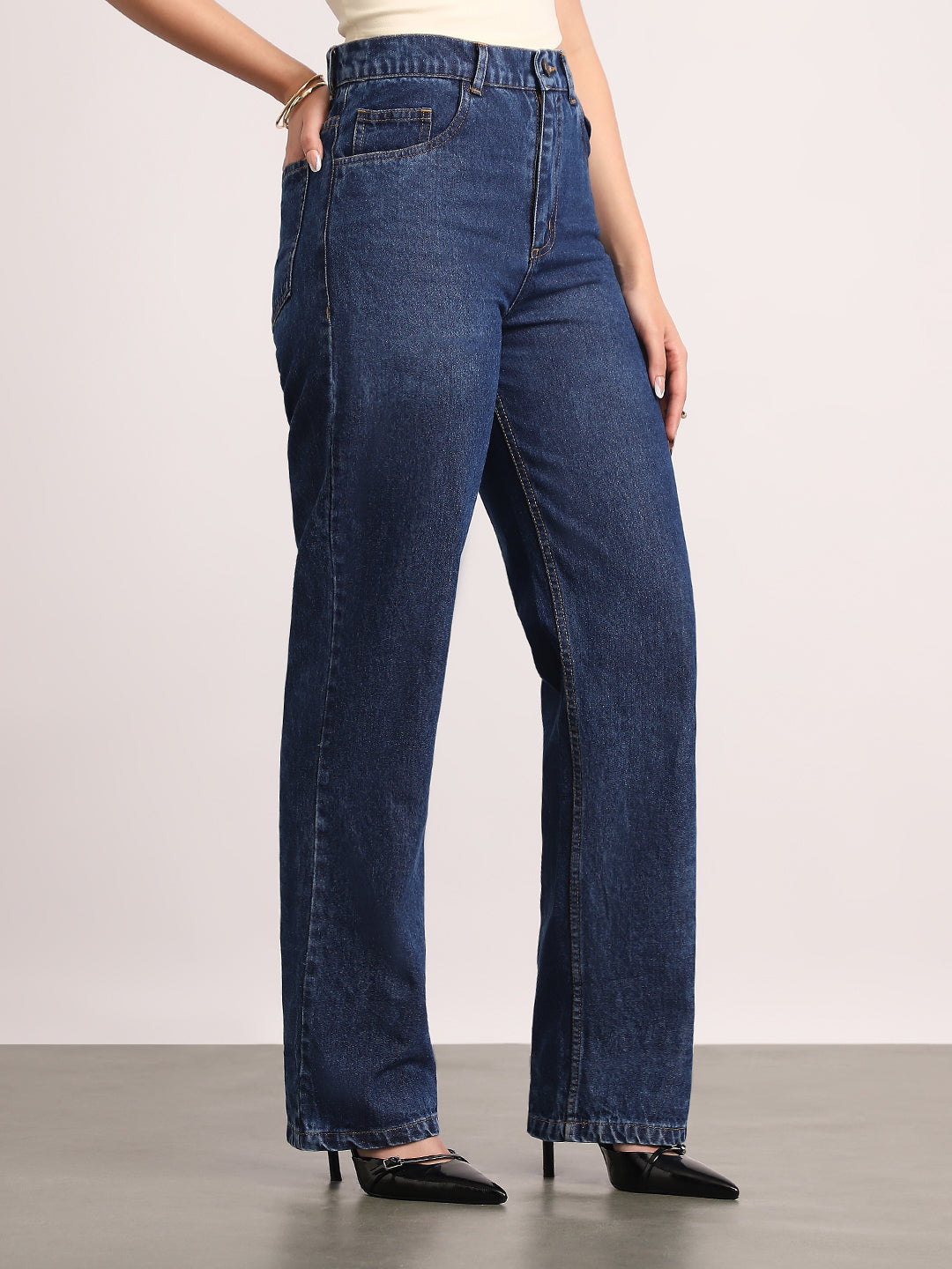 Women's Dark Blue High Rise Straight Fit Washed Jeans Non-Stretchable